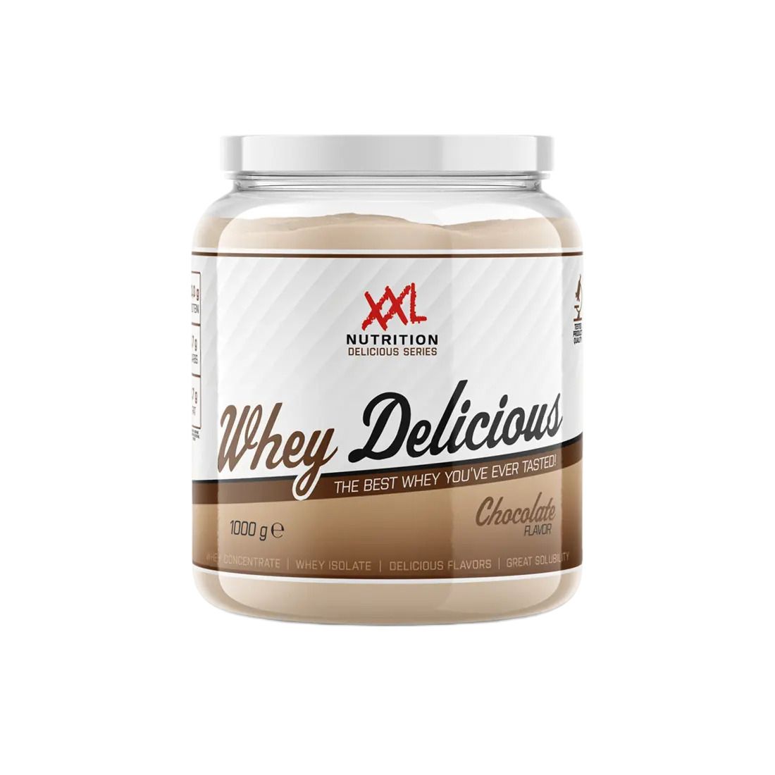 Pot de Whey Delicious Chocolat XXL Nutrition. Couvercle blanc. Inscription : Whey Delicious, Chocolate Flavor, 1000 g.