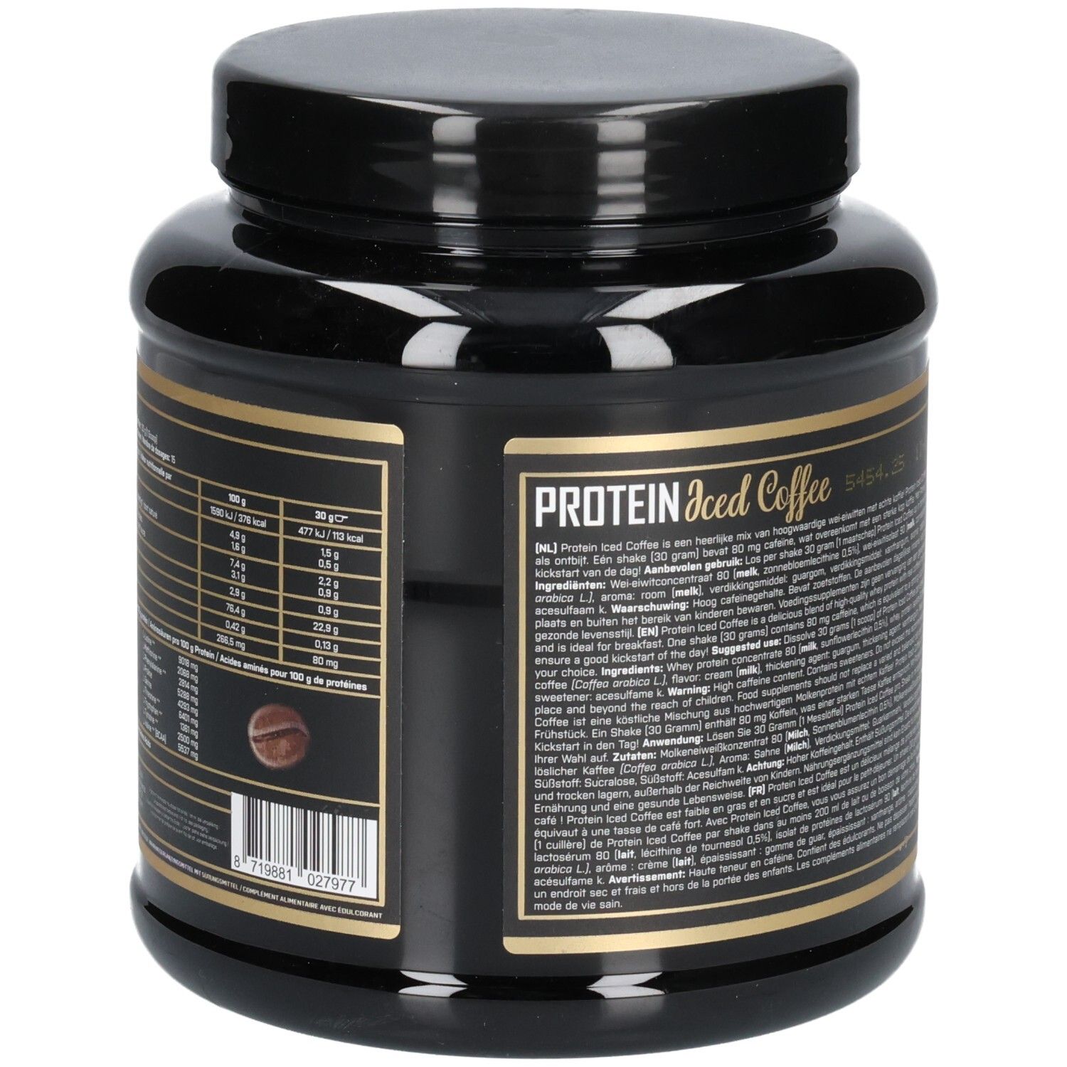 Dos du pot noir avec texte. XXL Nutrition Protein Iced Coffee. Informations nutritionnelles et liste des ingrédients.