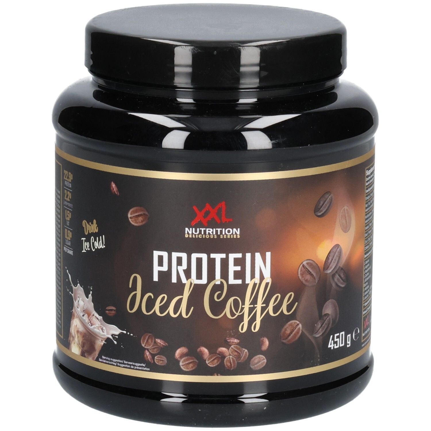 Pot noir de Protein Iced Coffee XXL Nutrition. Inscription et illustration de grains de café. 450g.