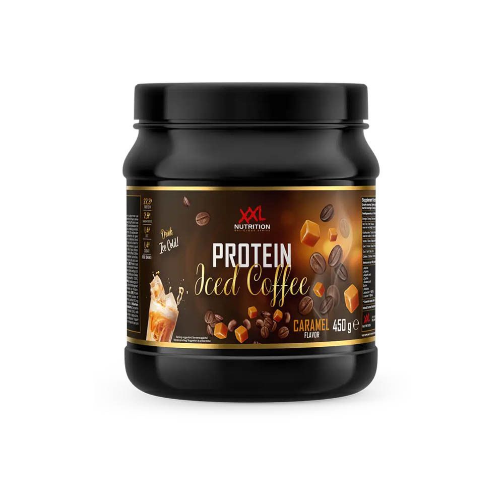 Zwarte pot XXL Nutrition Protein Iced Coffee Caramel. Opschrift: Protein Iced Coffee, Caramel, 450g. Afbeelding van koffie en karamel.