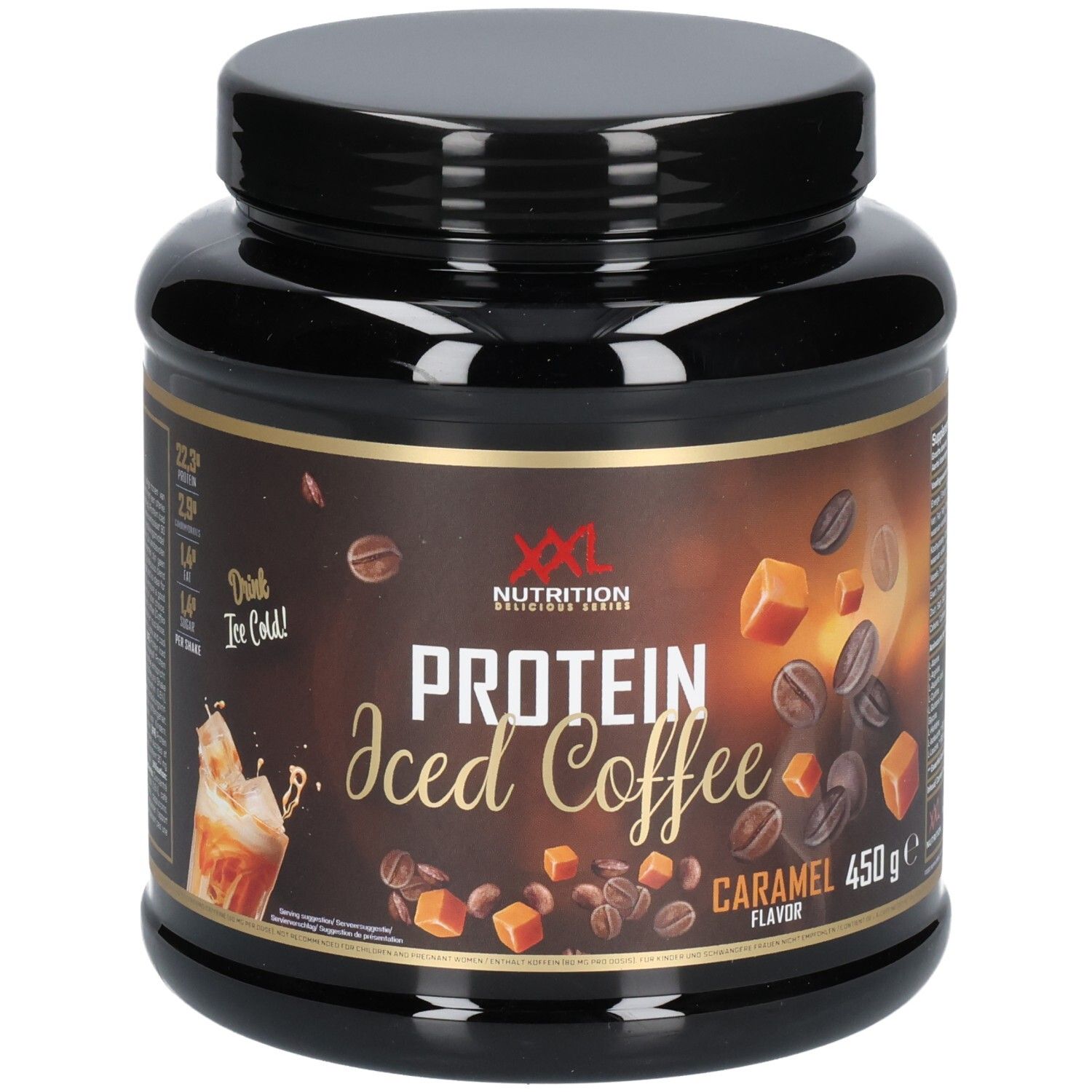 Pot noir XXL Nutrition Protein Iced Coffee Caramel. Inscription: Protein Iced Coffee, Caramel, 450g. Illustration de café et de caramel.