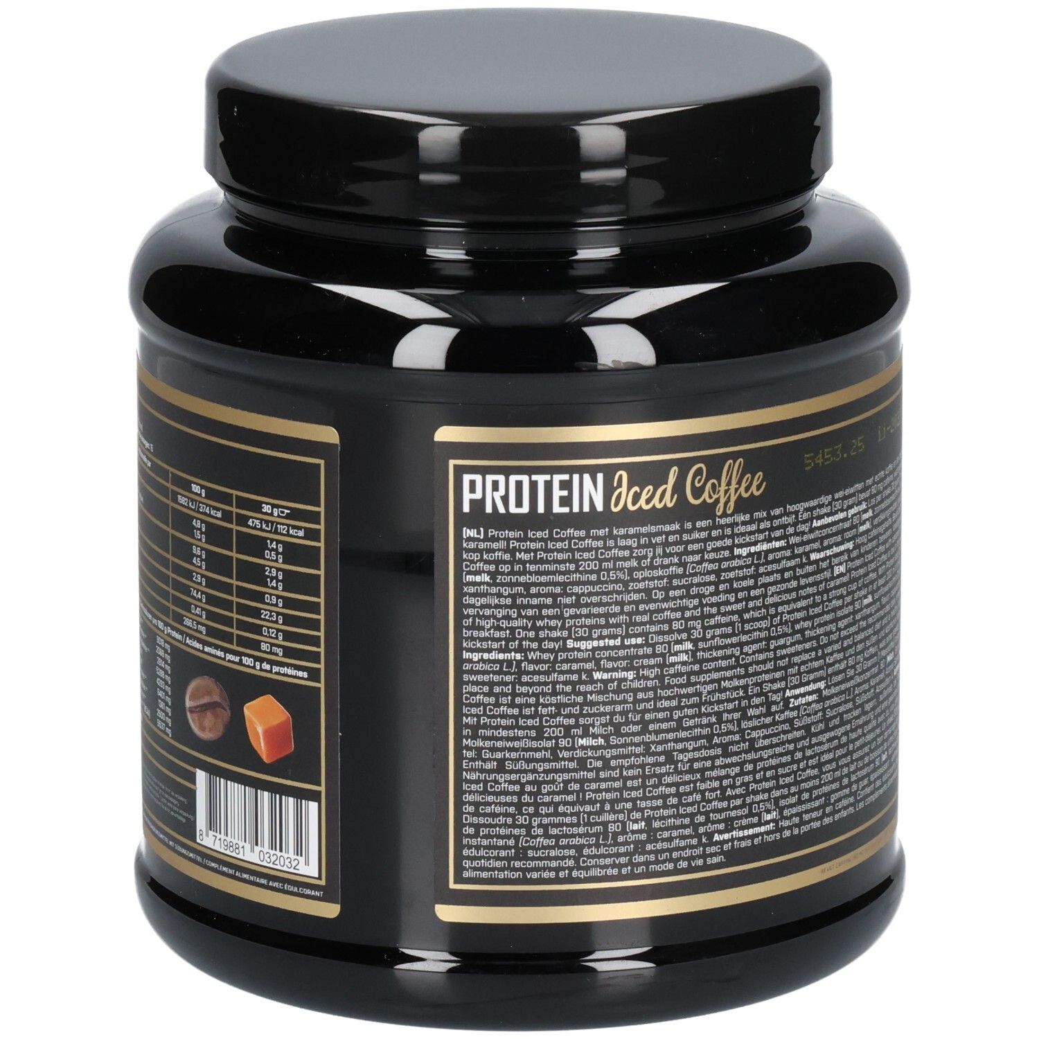 Dos du pot noir XXL Nutrition Protein Iced Coffee Caramel. Texte avec informations nutritionnelles et ingrédients. Illustration de café et caramel.