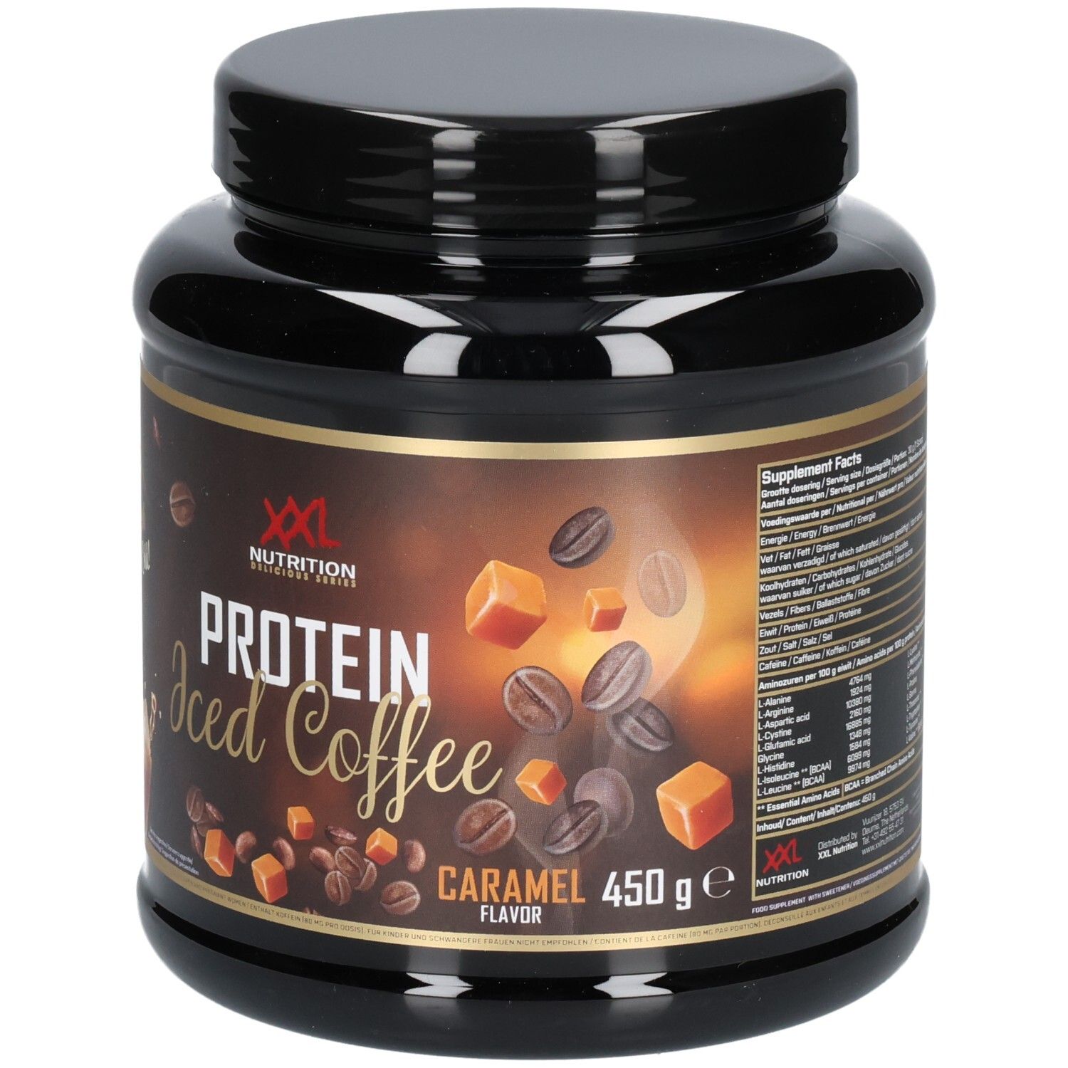 Pot noir XXL Nutrition Protein Iced Coffee Caramel. Inscription: Protein Iced Coffee, Caramel, 450g. Illustration de café et de caramel.