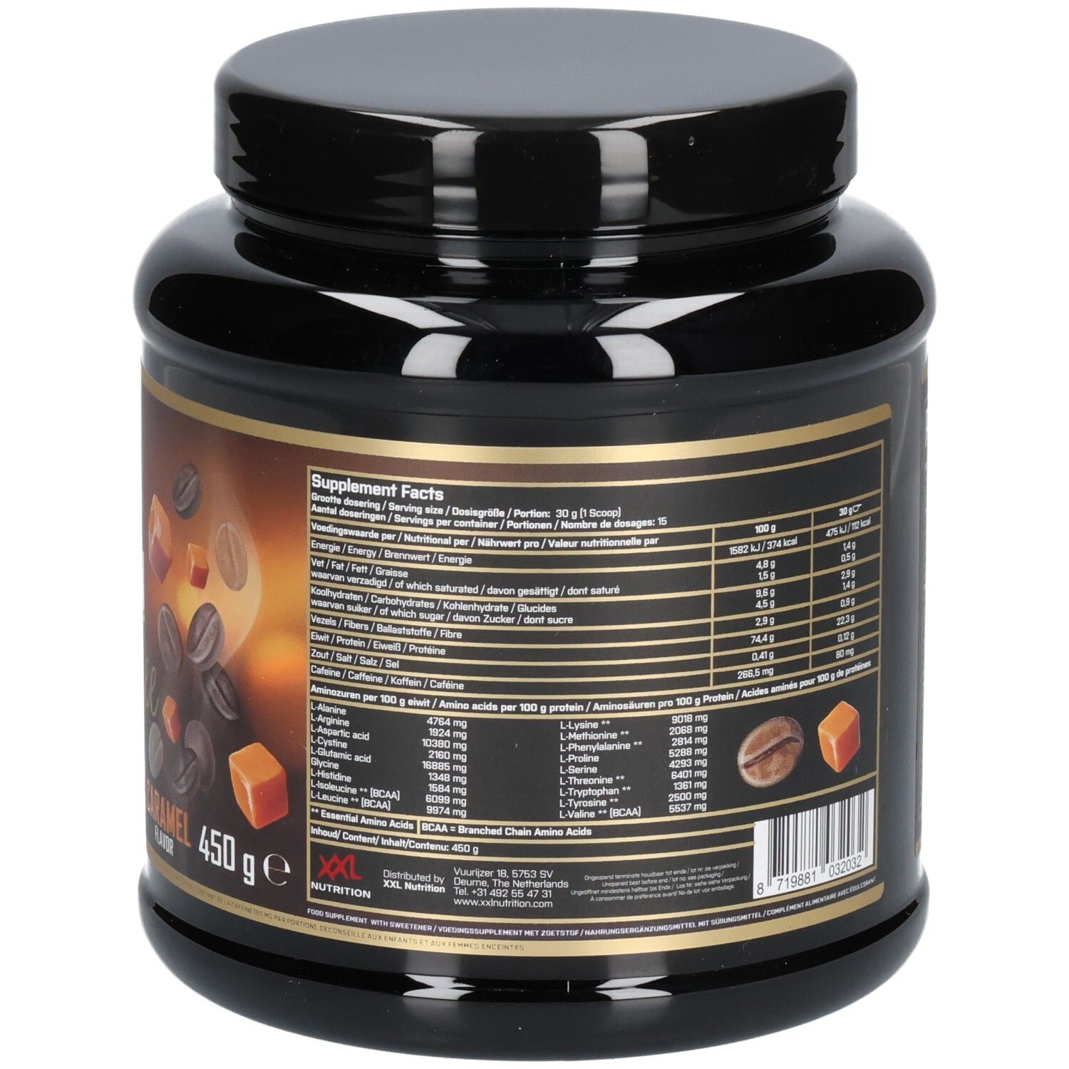 Dos du pot noir XXL Nutrition Protein Iced Coffee Caramel. Texte avec informations nutritionnelles et ingrédients. Illustration de café et caramel.