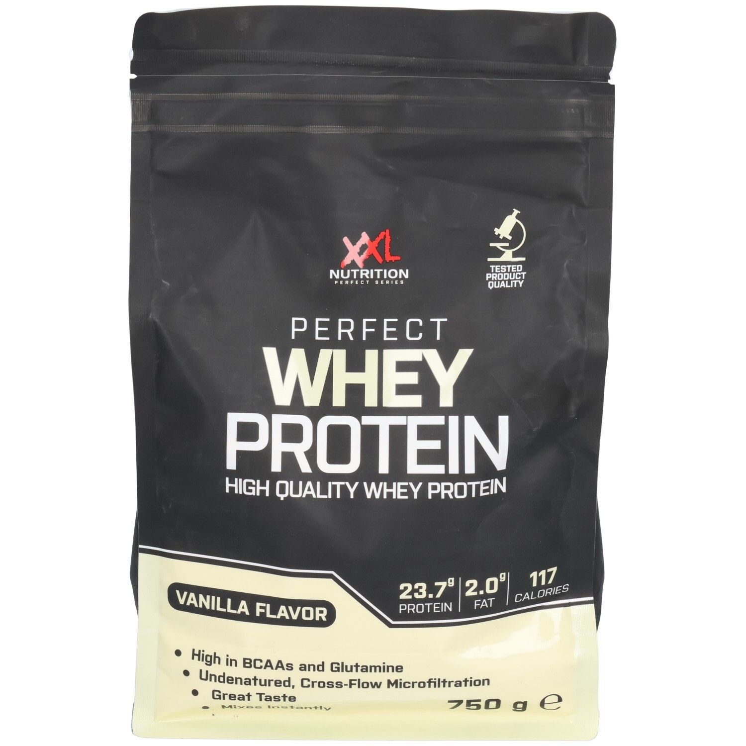 Zwarte verpakking met XXL Nutrition Perfect Whey Protein Vanille. Bevat 750g. Informatie over eiwitten, vet en calorieën.