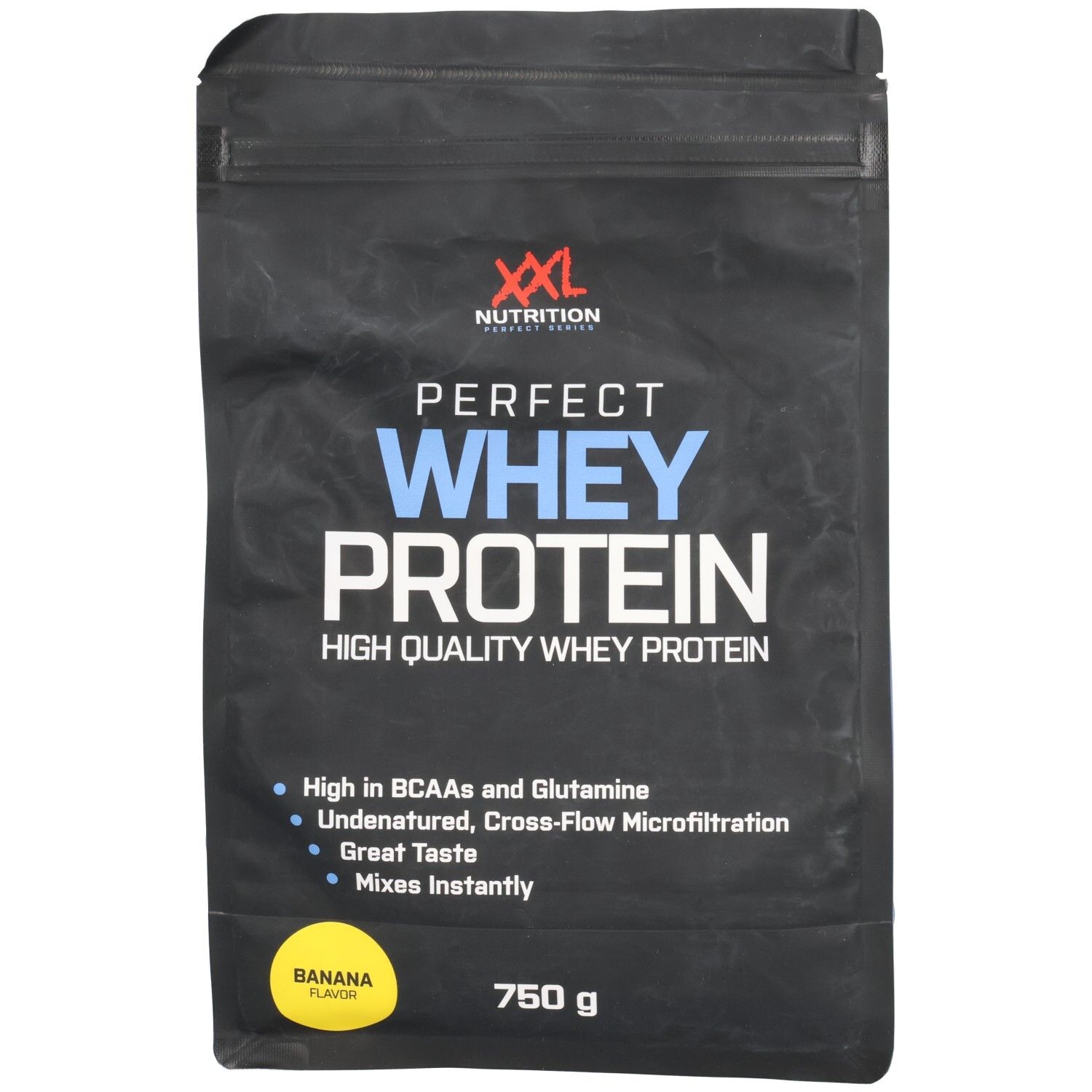 Zwarte verpakking met "XXL Nutrition" logo en "Perfect Whey Protein". Bevat 750g. Smaak: banaan.