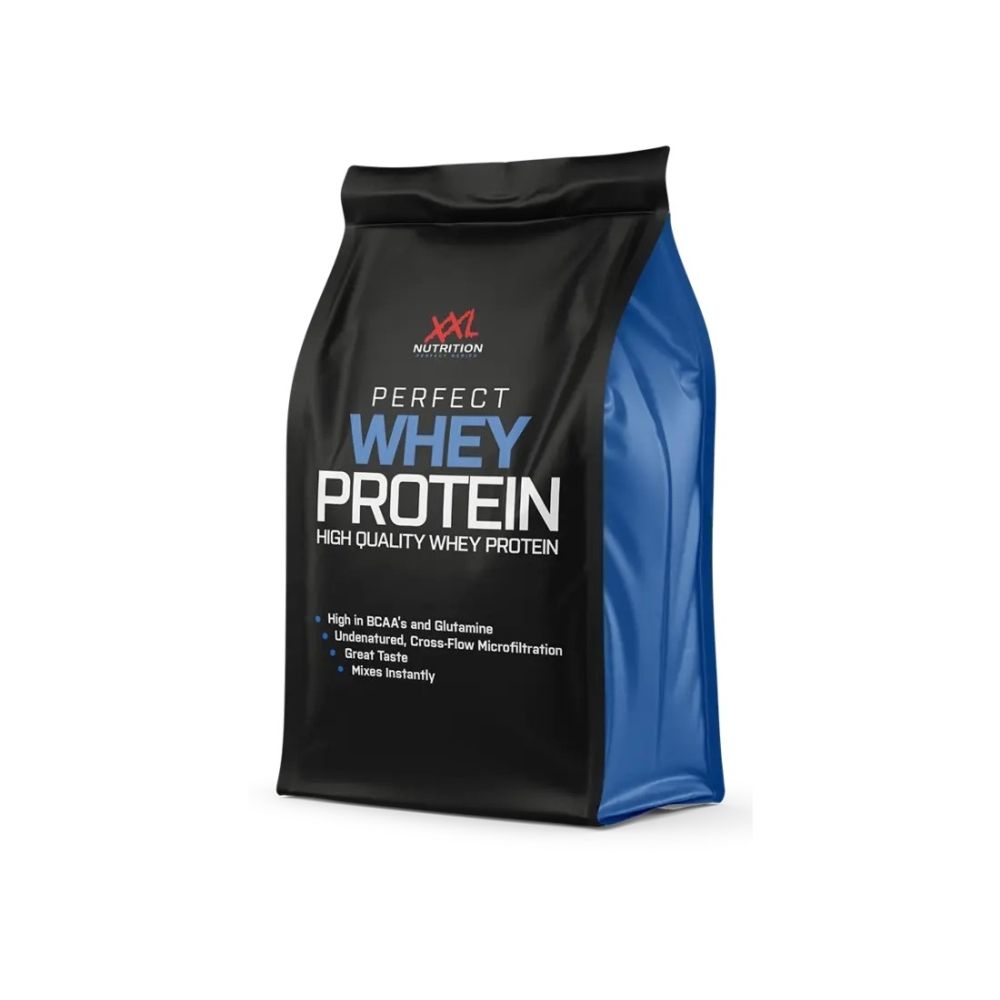 Sachet noir et bleu avec impression du produit. Inscription : Perfect Whey Protein. Contient logo et informations produit.