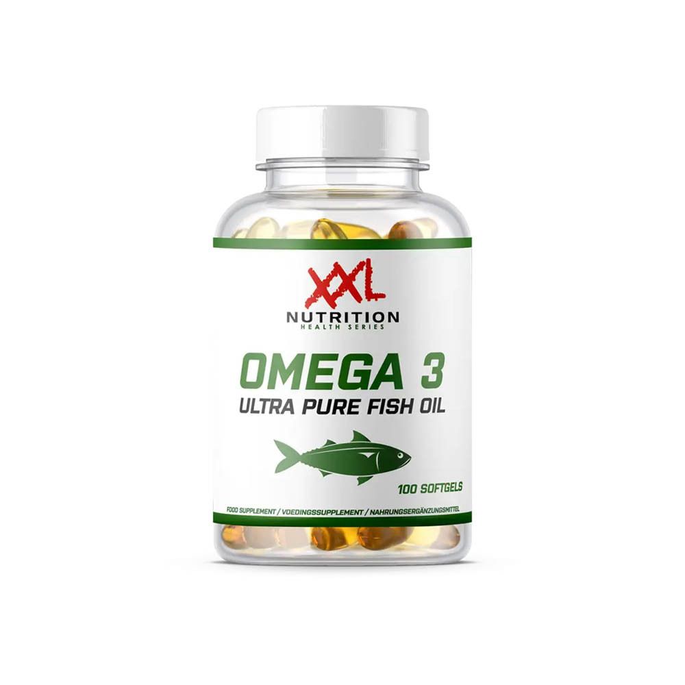 Flacon transparent avec gélules. Étiquette avec "XXL Nutrition", "Omega 3 Ultra Pure Fish Oil" et symbole de poisson. 100 gélules.