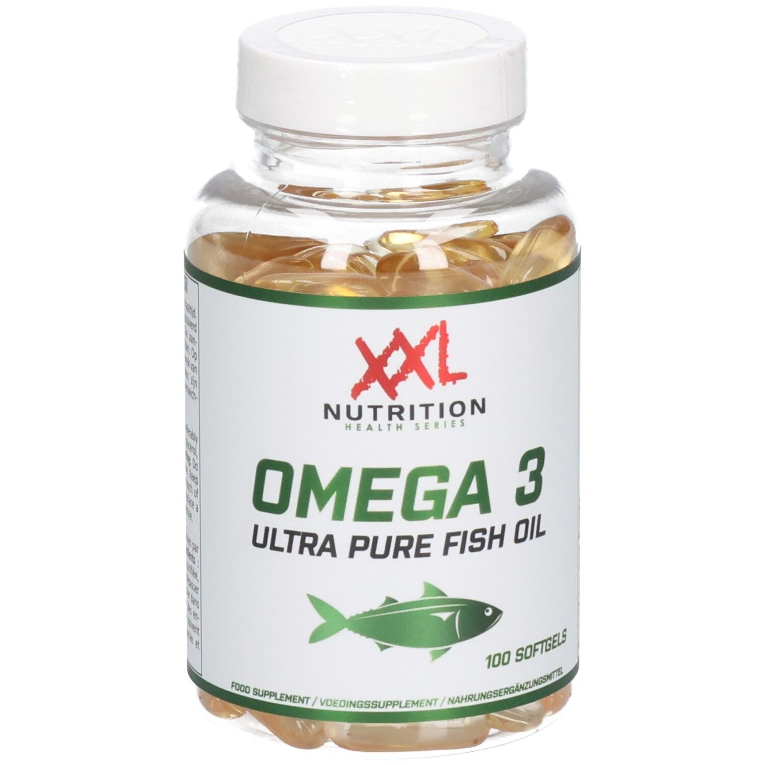 Transparante pot met capsules. Label met "XXL Nutrition", "Omega 3 Ultra Pure Fish Oil" en vis-symbool. 100 softgels.