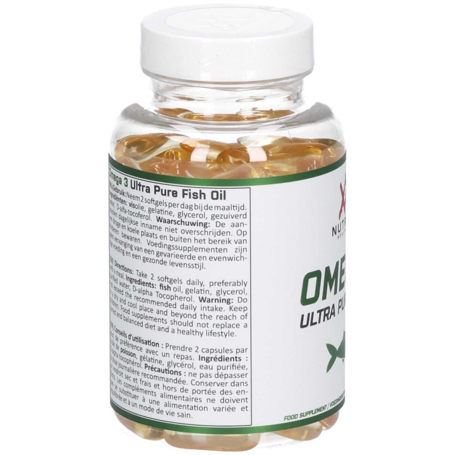 Achterkant van de pot met capsules. Tekst op etiket: "Omega 3 Ultra Pure Fish Oil", ingrediënten, gebruiksaanwijzing, waarschuwingen.