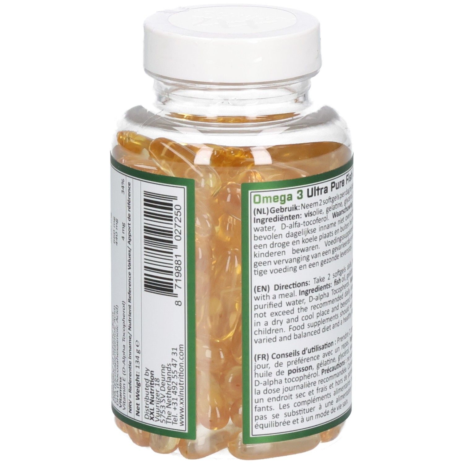 Achterkant van de pot met capsules. Label met tekst: ingrediënten, gebruiksaanwijzing, voedingswaarde, fabrikant informatie.