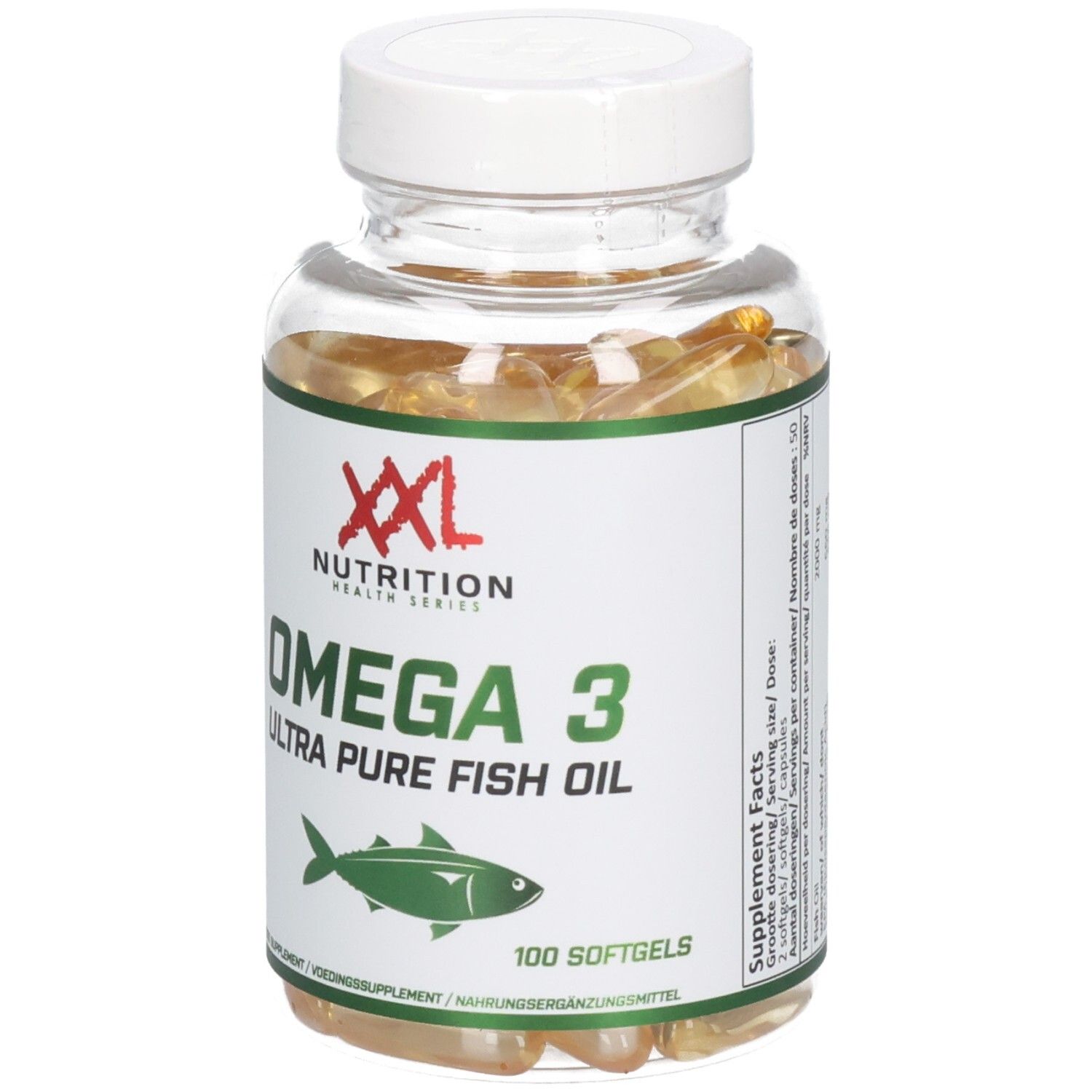 Pot met capsules. Label met "XXL Nutrition", "Omega 3 Ultra Pure Fish Oil" en vis-symbool. 100 softgels. Zijaanzicht.