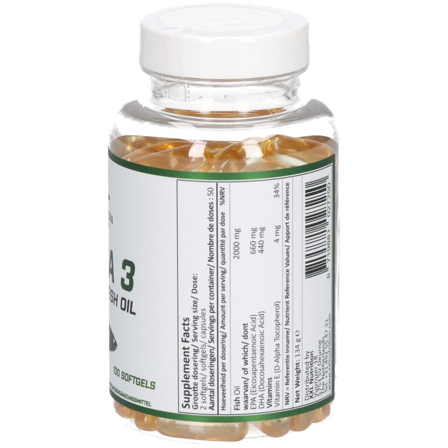 Achterkant van de pot met capsules. Voedingswaarde op etiket: visolie, EPA, DHA, vitamine E. Dosering per portie.