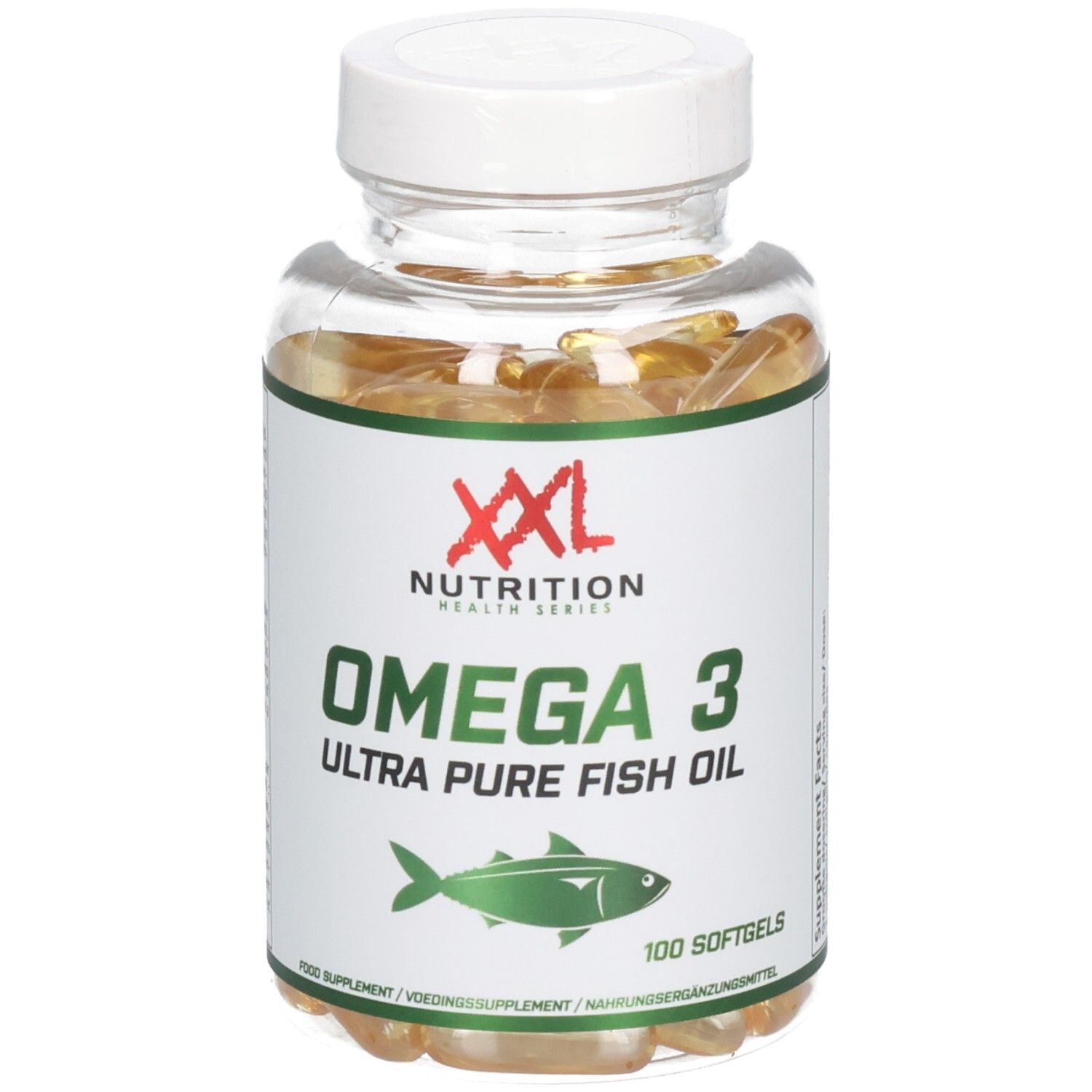 Pot met capsules. Label met "XXL Nutrition", "Omega 3 Ultra Pure Fish Oil" en vis-symbool. 100 softgels. Close-up.
