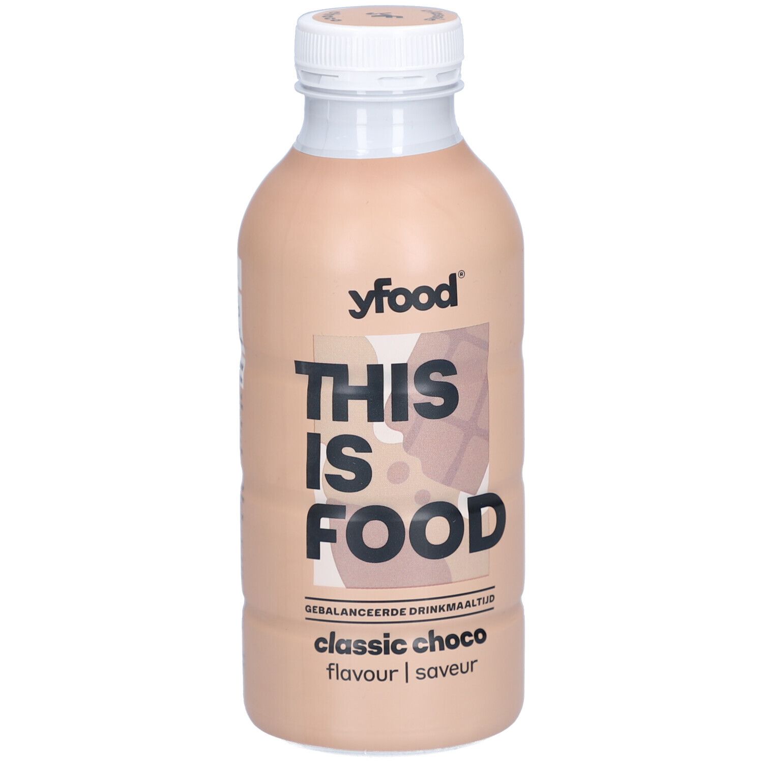 Fles chocoladedrank. Opschrift: yfood, THIS IS FOOD, classic choco. Witte dop, bruine vloeistof.