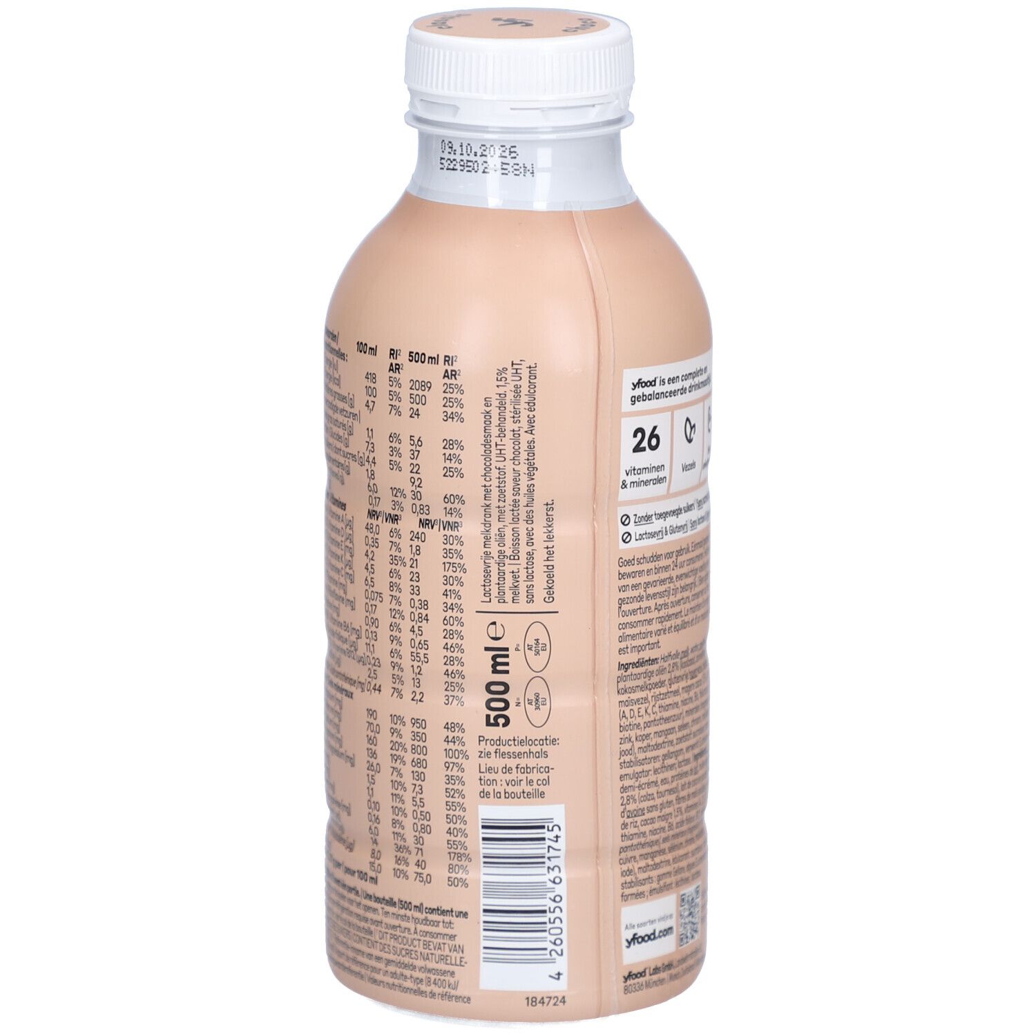 Fles chocoladedrank. Opschrift: yfood, THIS IS FOOD, classic choco. Achterkant met voedingswaarde en barcode. Witte dop.