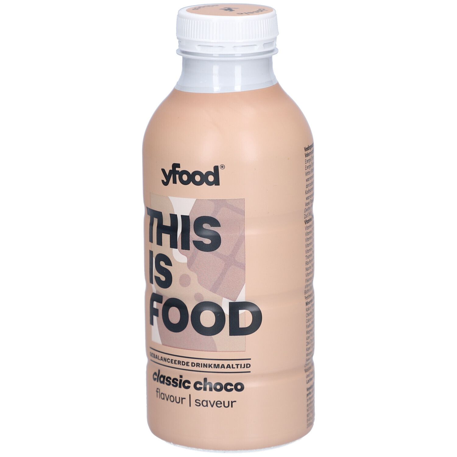 Fles chocoladedrank. Opschrift: yfood, THIS IS FOOD, classic choco. Witte dop, bruine vloeistof.