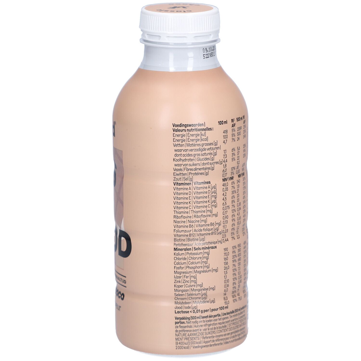 Fles chocoladedrank. Opschrift: yfood, THIS IS FOOD, classic choco. Achterkant met voedingswaarde. Witte dop.