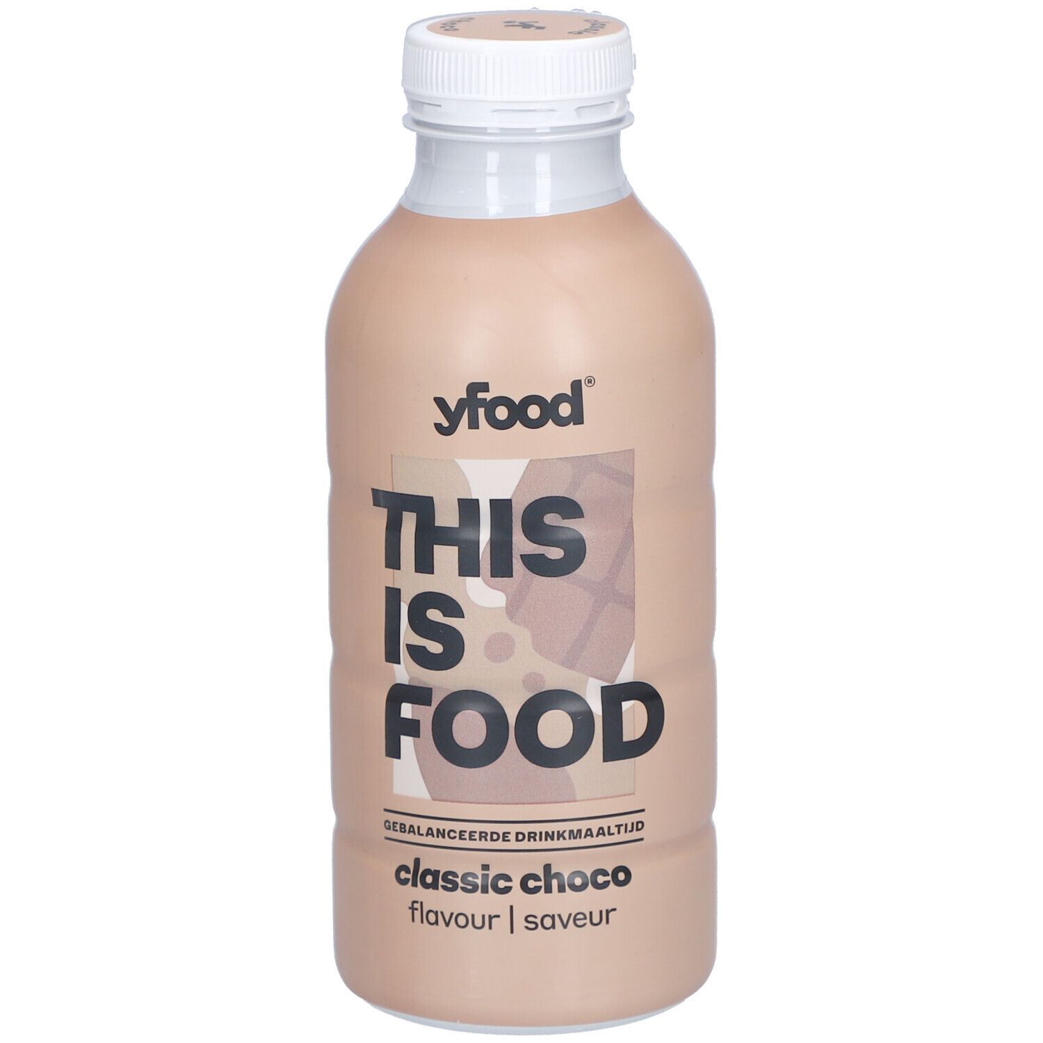 Fles chocoladedrank. Opschrift: yfood, THIS IS FOOD, classic choco. Witte dop, bruine vloeistof.