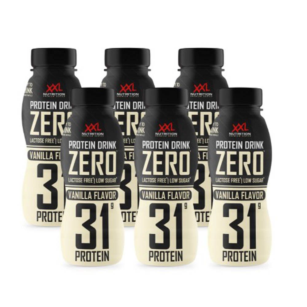 Six bouteilles de XXL Nutrition Protein Drink Zero, saveur vanille. Debout, individuellement.