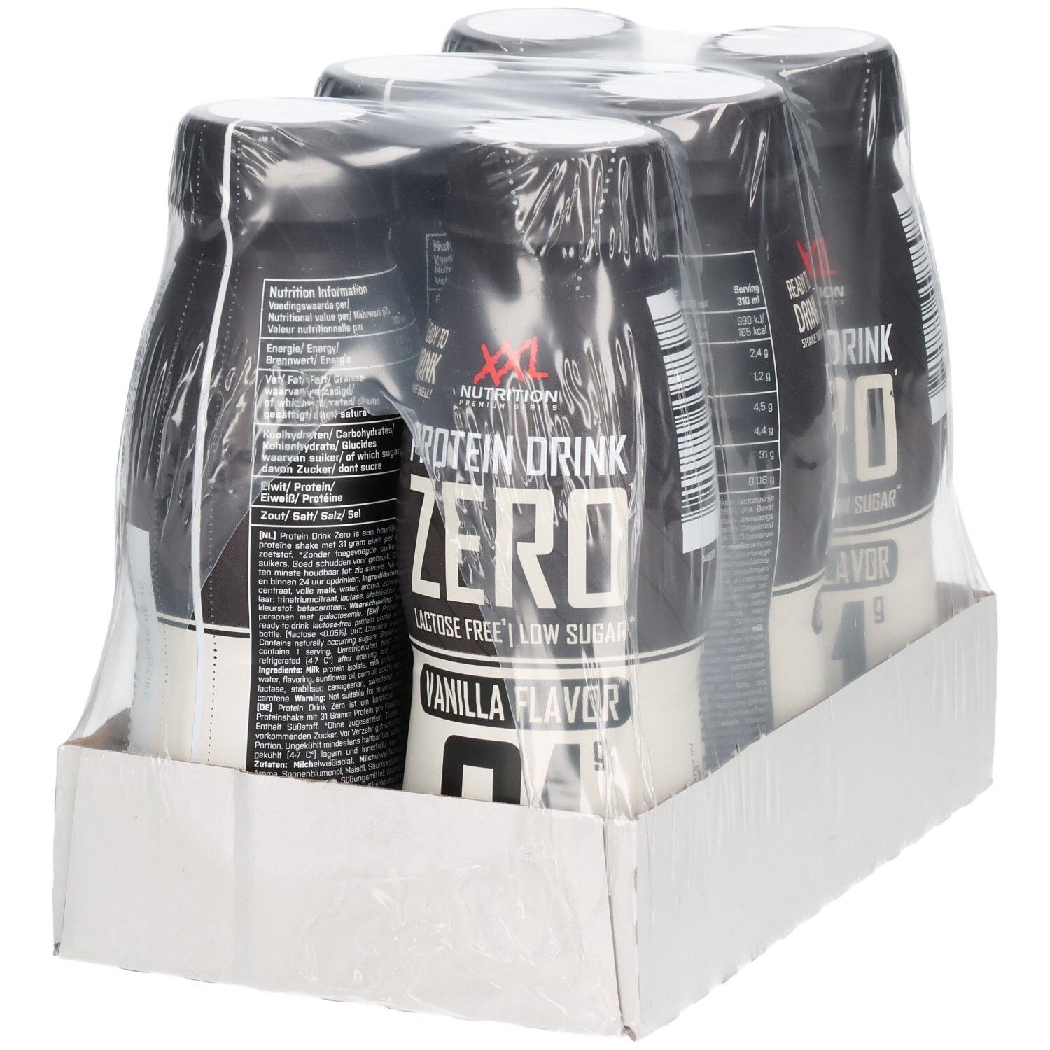 Quatre bouteilles de XXL Nutrition Protein Drink Zero, saveur vanille, emballées sous film plastique. Sur carton.