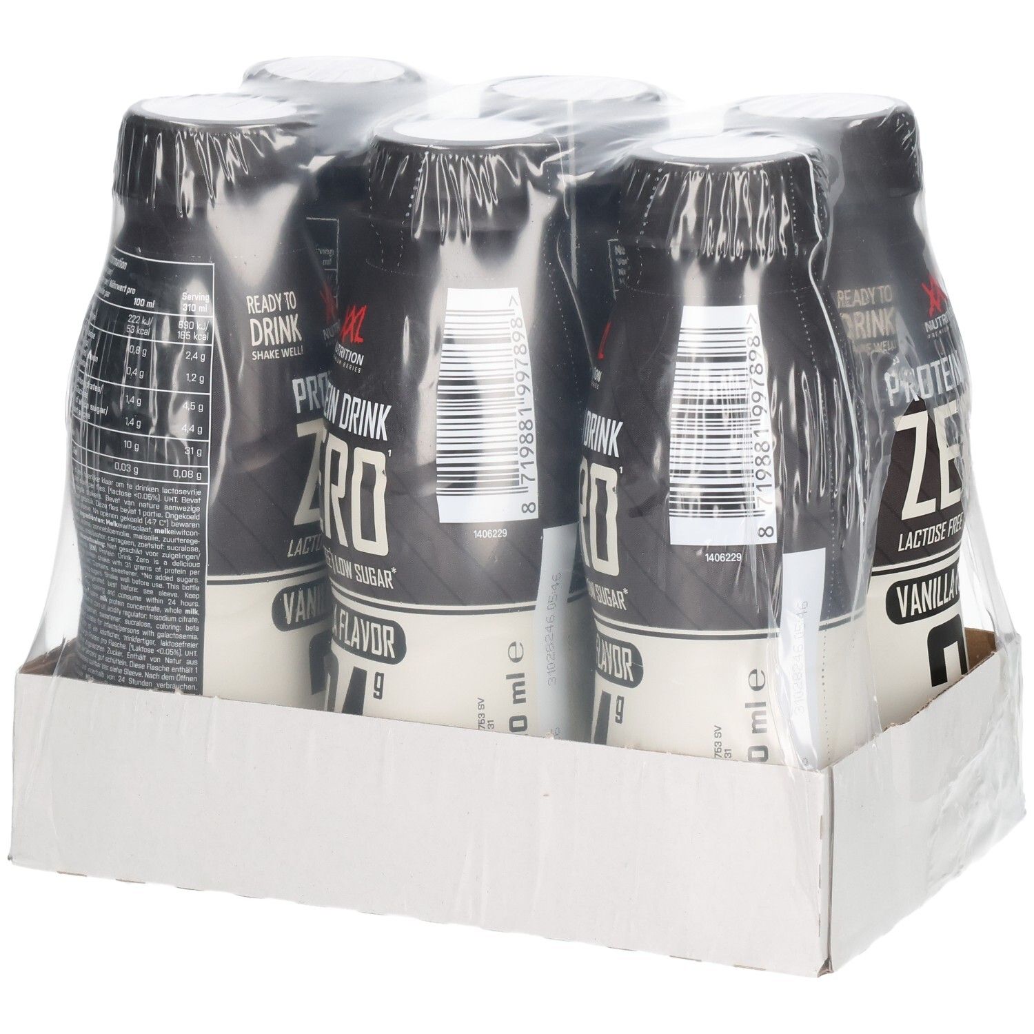 Six bouteilles de XXL Nutrition Protein Drink Zero, saveur vanille, emballées sous film plastique. Sur carton.