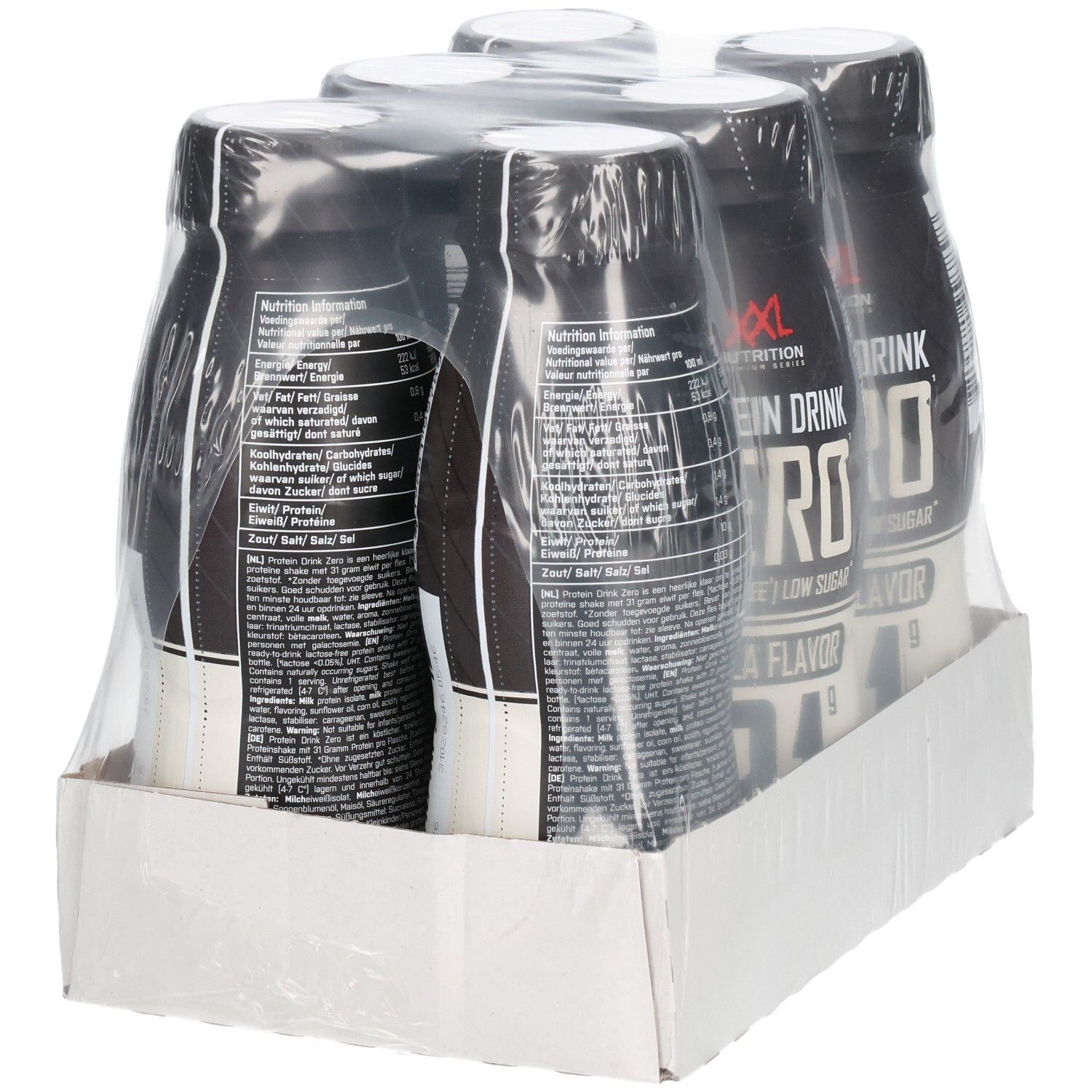 Quatre bouteilles de XXL Nutrition Protein Drink Zero, saveur vanille, emballées sous film plastique. Sur carton.