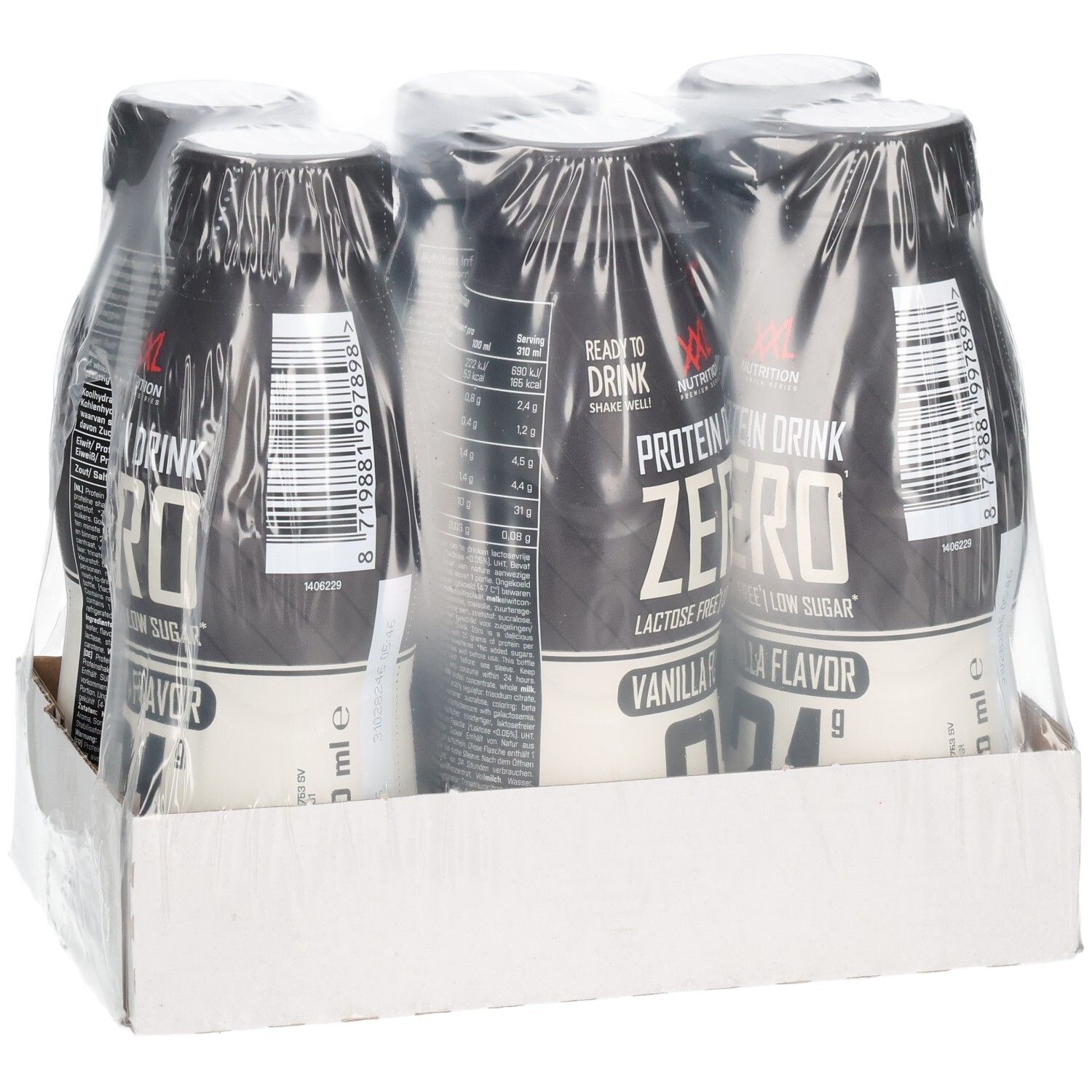 Six bouteilles de XXL Nutrition Protein Drink Zero, saveur vanille, emballées sous film plastique. Sur carton.