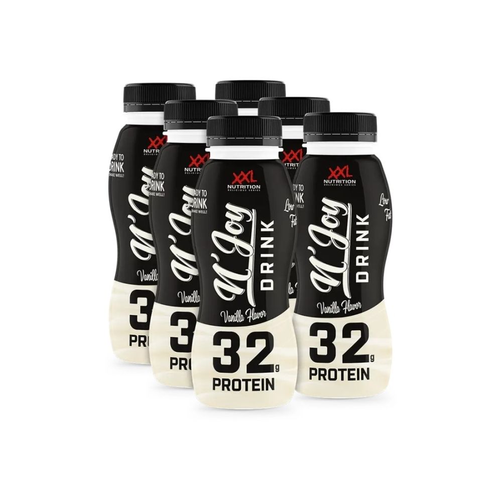 Six bouteilles de N'Joy Protein Drink, saveur vanille. Bouteilles noires avec étiquette blanche, 32g de protéines.