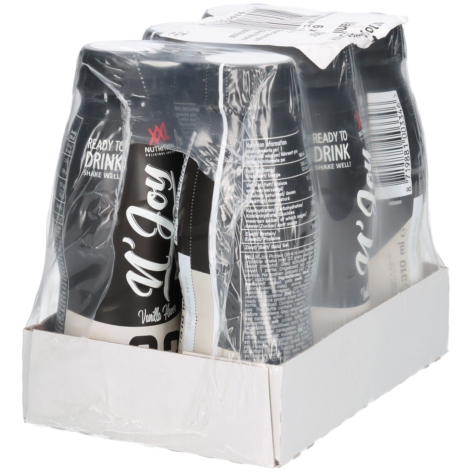 Verpakking van zes flessen N'Joy Protein Drink, vanillesmaak. Zwarte flessen met wit etiket, verpakt in folie.