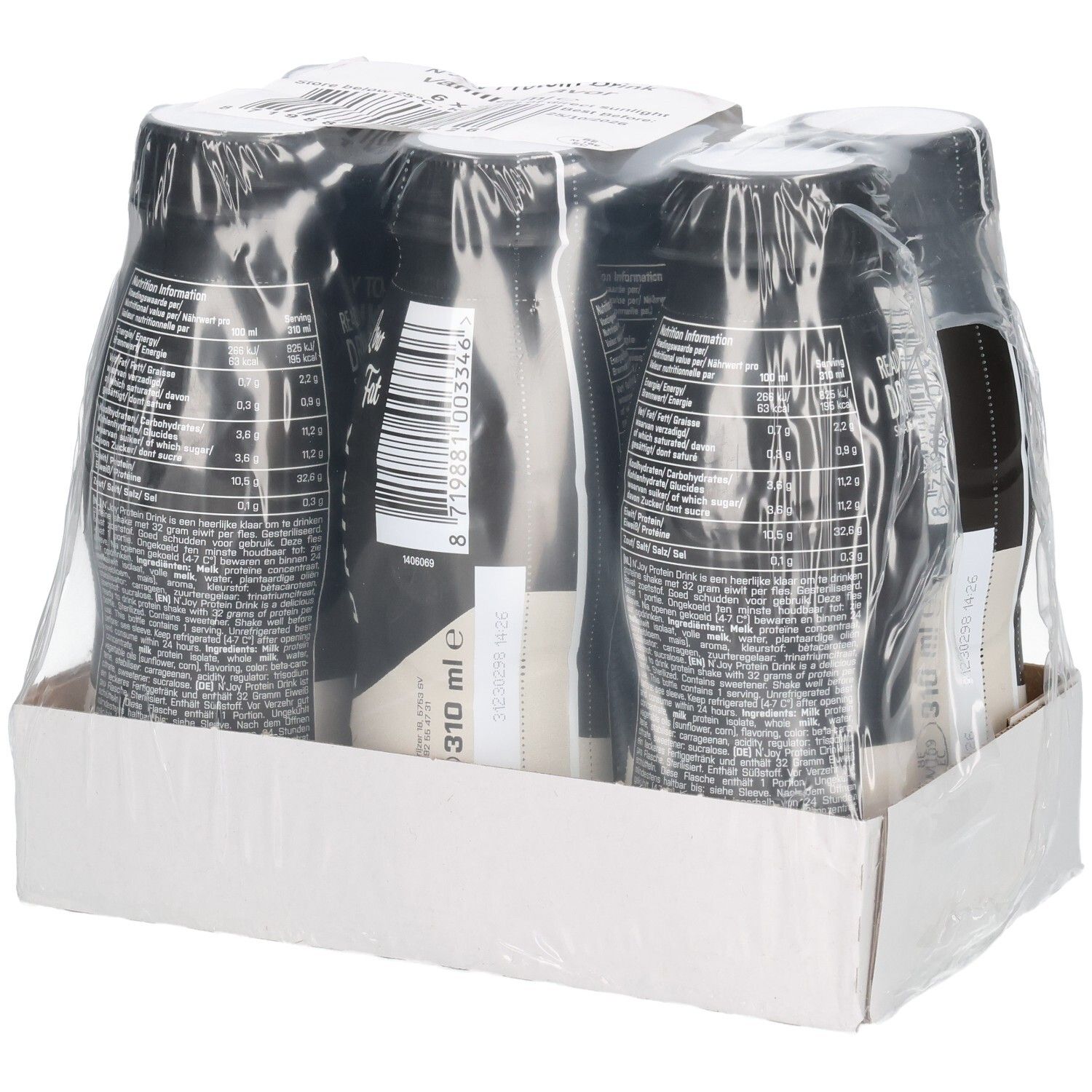 Verpakking van zes flessen N'Joy Protein Drink, vanillesmaak. Zwarte flessen met wit etiket, verpakt in folie.