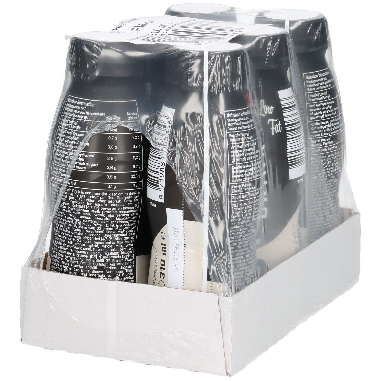 Verpakking van zes flessen N'Joy Protein Drink, vanillesmaak. Zwarte flessen met wit etiket, verpakt in folie.