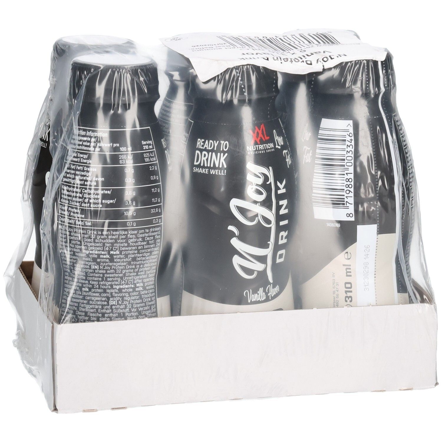 Verpakking van zes flessen N'Joy Protein Drink, vanillesmaak. Zwarte flessen met wit etiket, verpakt in folie.