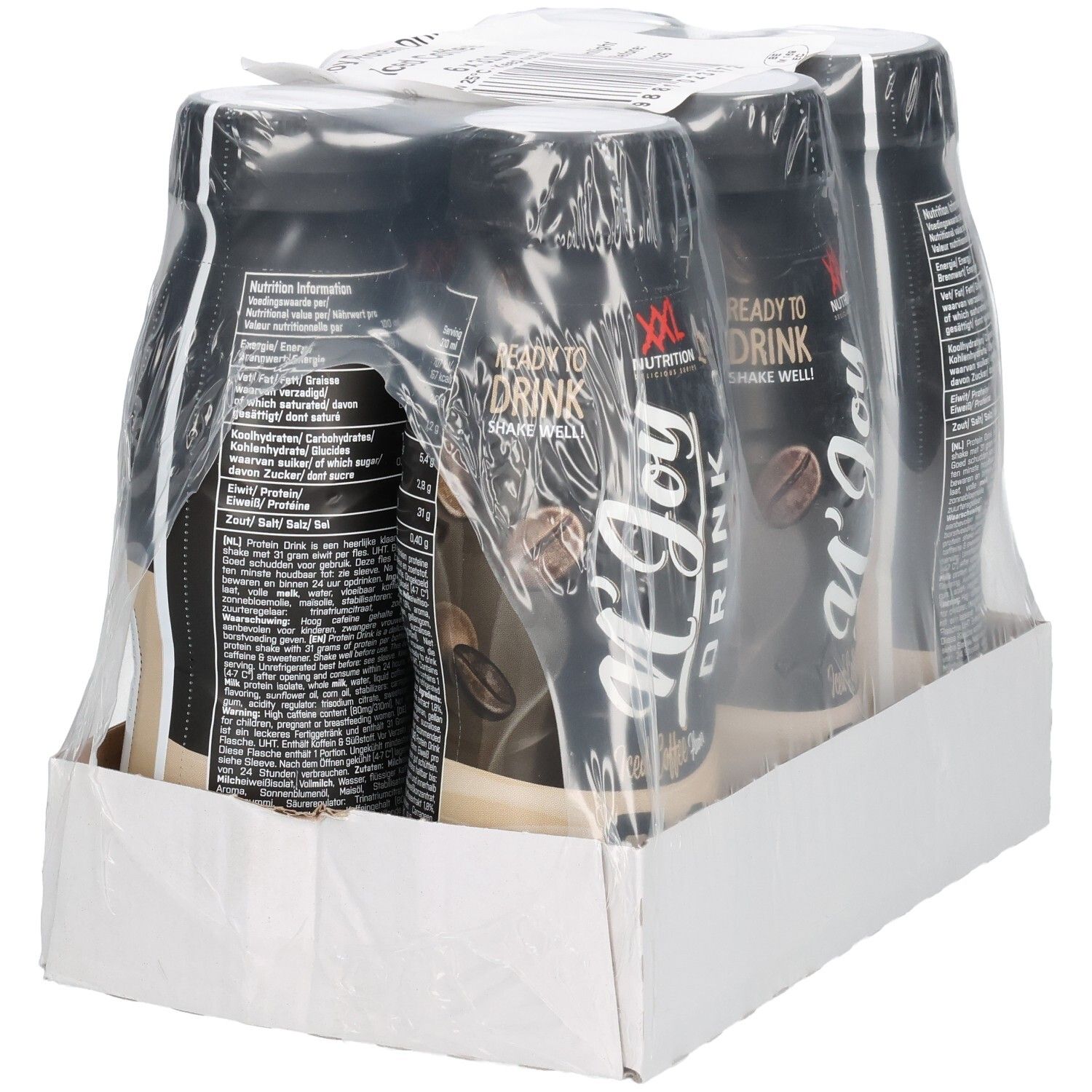 Emballage de six bouteilles N'Joy Drink, Café Glacé. Bouteilles noires avec étiquette blanche, emballées sous film, dans une boîte.