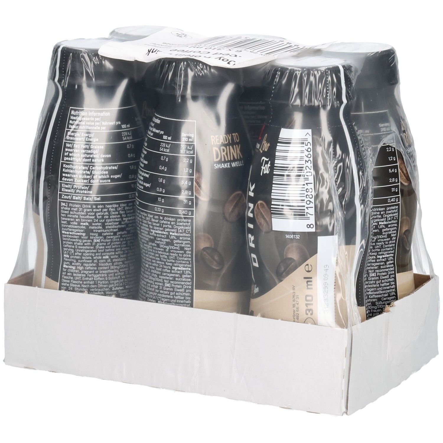 Emballage de six bouteilles N'Joy Drink, Café Glacé. Bouteilles noires avec étiquette blanche, emballées sous film, dans une boîte.