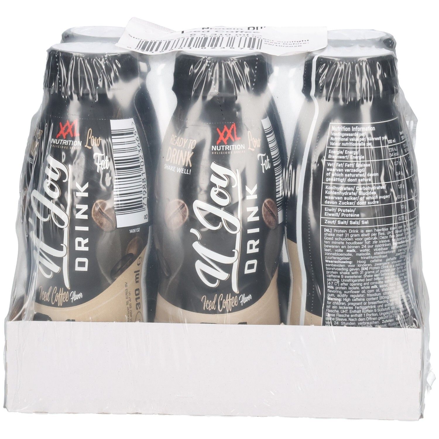 Emballage de six bouteilles N'Joy Drink, Café Glacé. Bouteilles noires avec étiquette blanche, emballées sous film, dans une boîte.
