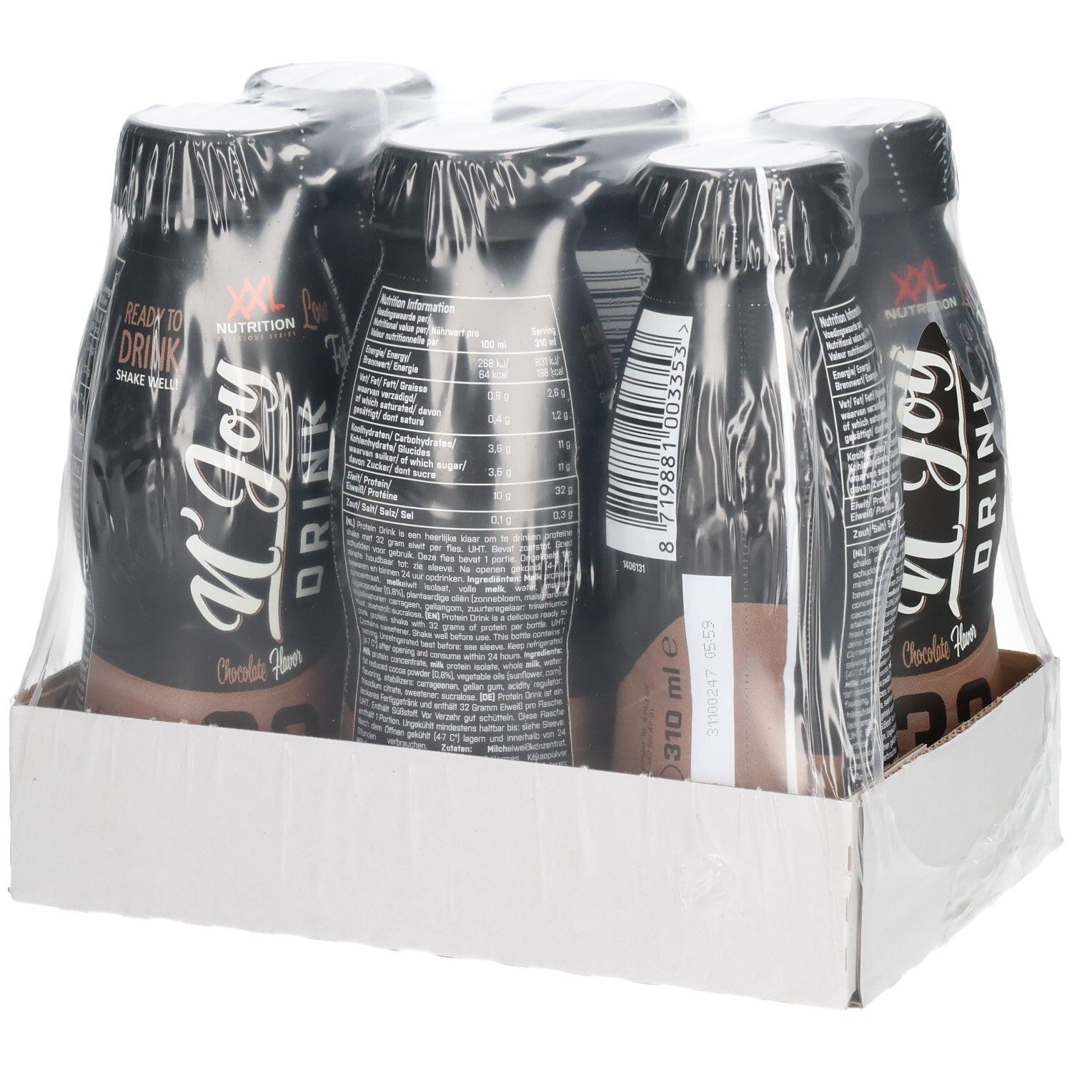 Six bouteilles N'Joy Drink emballées sous film plastique. Bouteilles noires avec texte blanc. Sur carton.
