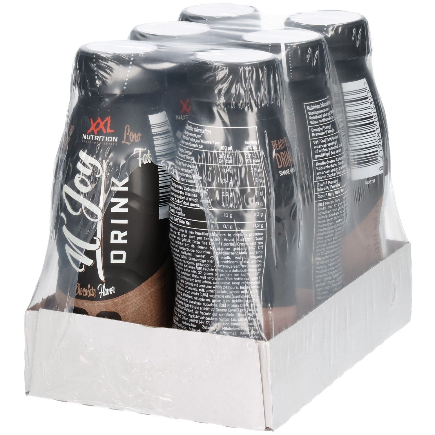 Six bouteilles de XXL Nutrition N'Joy Drink saveur chocolat dans une boîte en carton, emballées sous film.