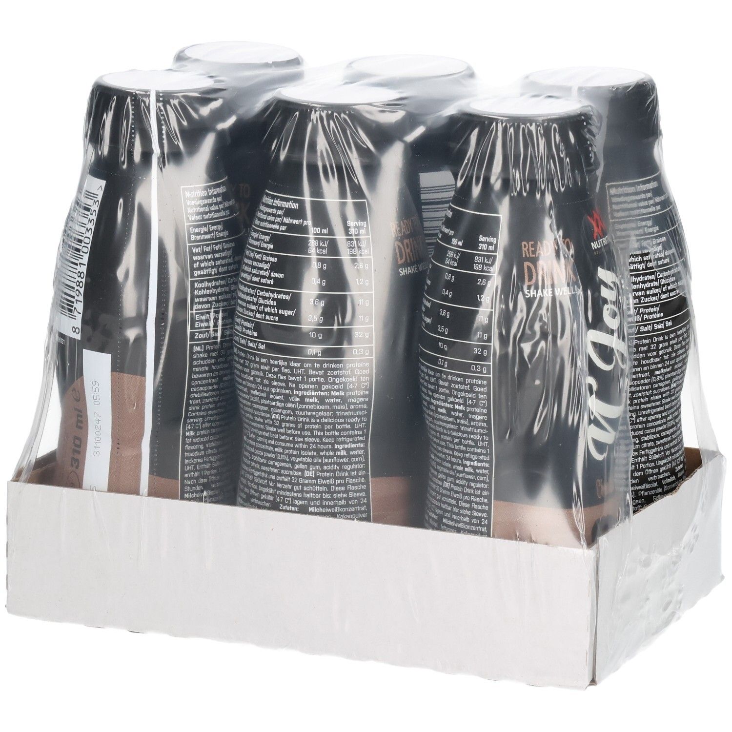 Six bouteilles N'Joy Drink emballées sous film plastique. Bouteilles noires avec texte blanc. Sur carton.