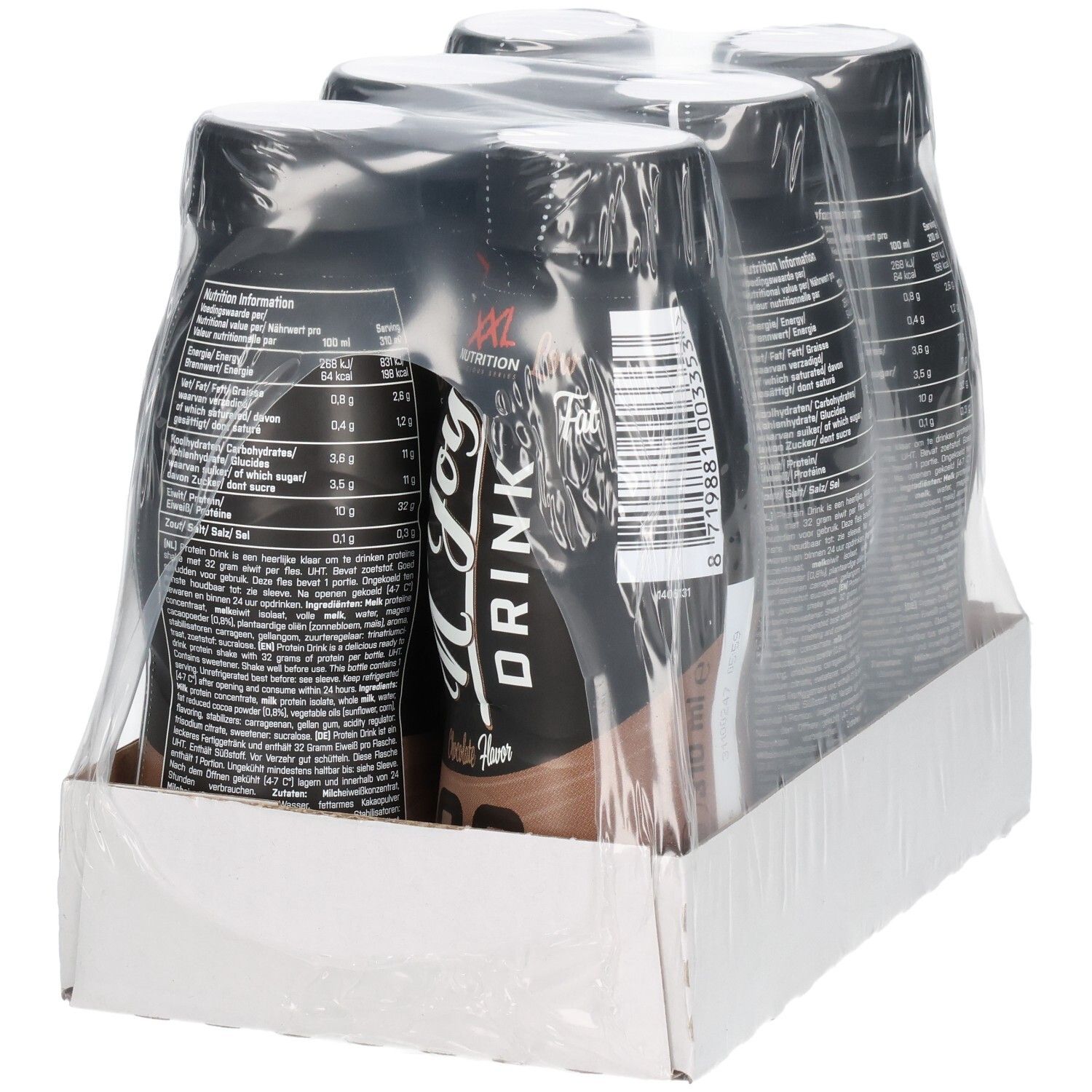 Trois bouteilles N'Joy Drink emballées sous film plastique. Bouteilles noires avec texte blanc. Sur carton.