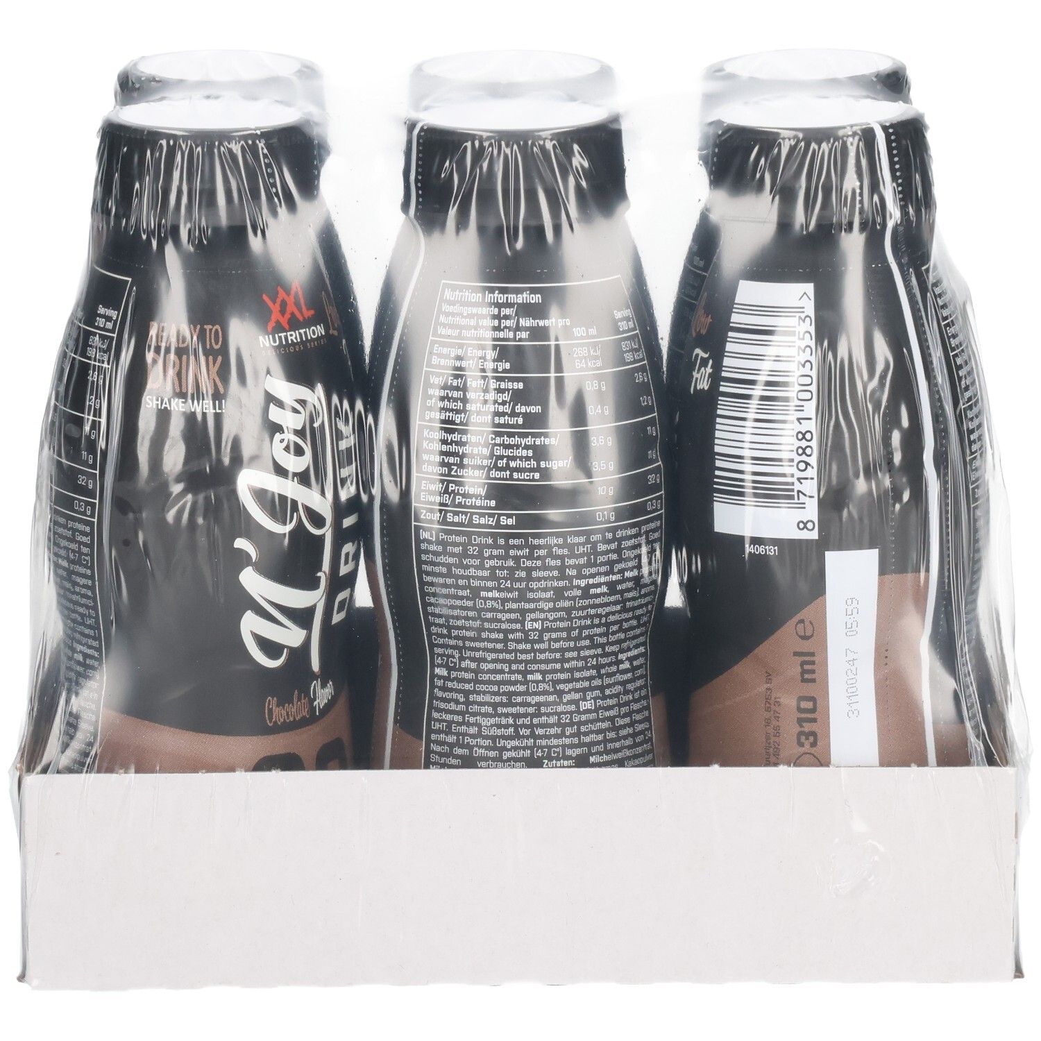 Trois bouteilles N'Joy Drink emballées sous film plastique. Bouteilles noires avec texte blanc. Sur carton.
