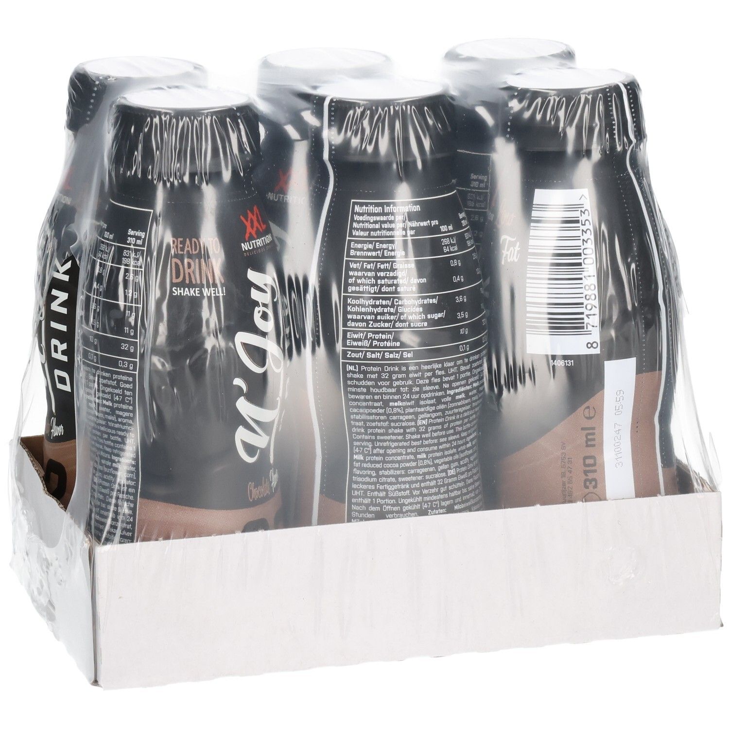 Six bouteilles N'Joy Drink emballées sous film plastique. Bouteilles noires avec texte blanc. Sur carton.