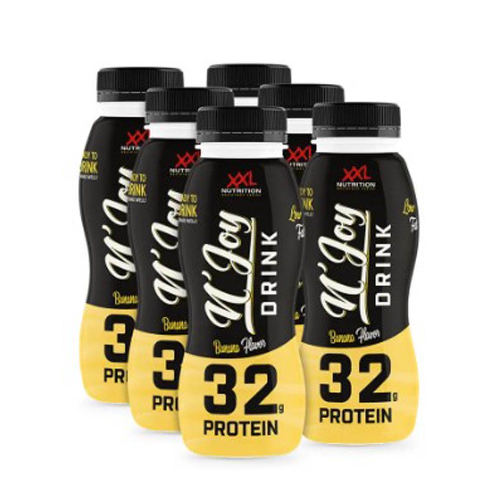 Six bouteilles N'Joy Drink, goût banane. Bouteilles noires avec étiquettes jaunes. Texte : 32 Protéines. Bouchons noirs.