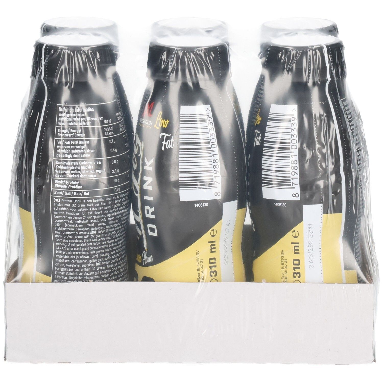 Six bouteilles N'Joy Drink emballées dans un carton. Bouteilles noires avec étiquettes jaunes. Plastique transparent enveloppe les bouteilles.