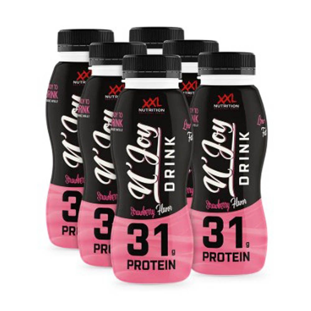 Zeven flessen N'Joy Drink. Zwarte flessen met roze etiket. XXL Nutrition logo. Aardbei smaak. 31g eiwit.