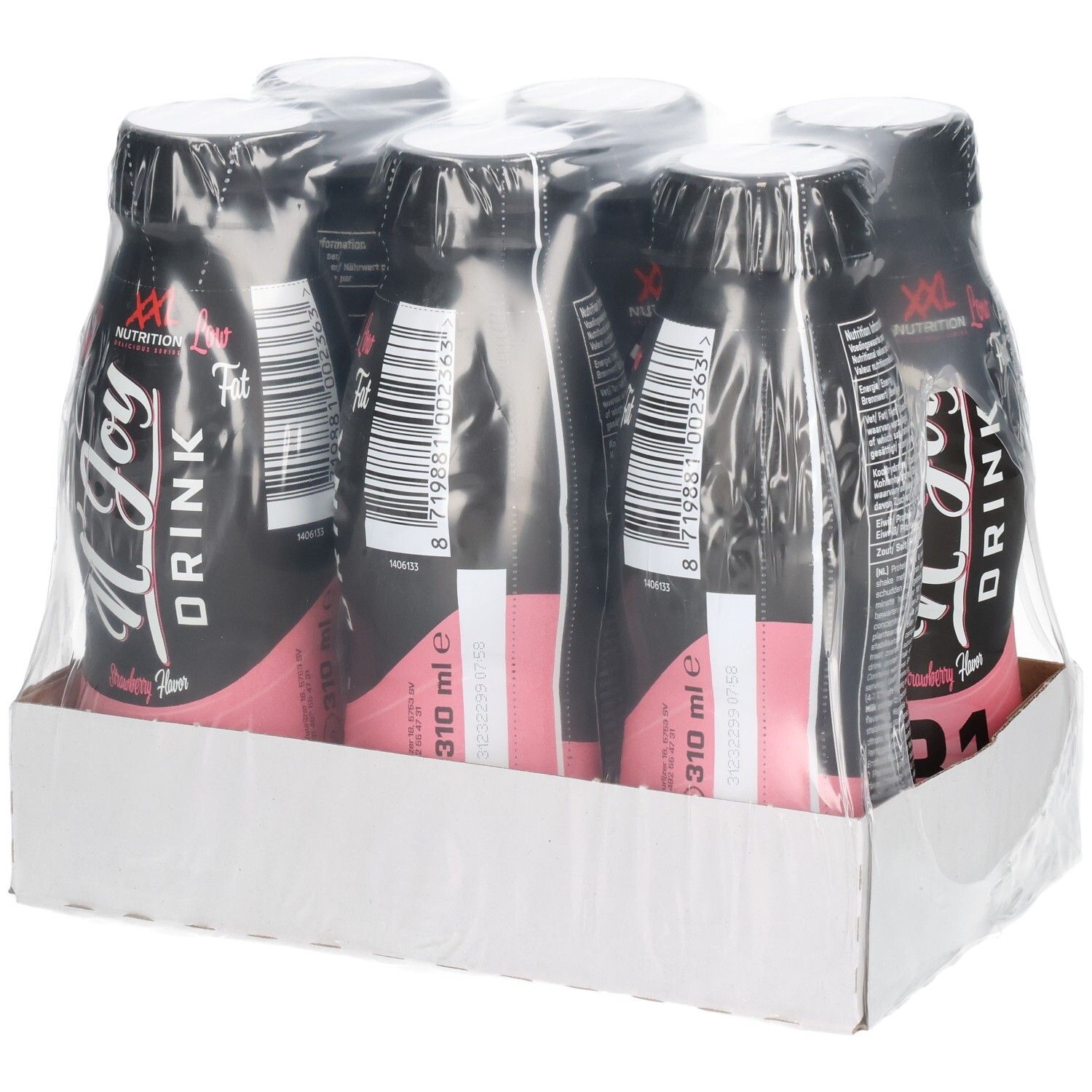 Six bouteilles de N'Joy Drink en carton. Bouteilles noires avec étiquette rose. Logo XXL Nutrition. Goût fraise.