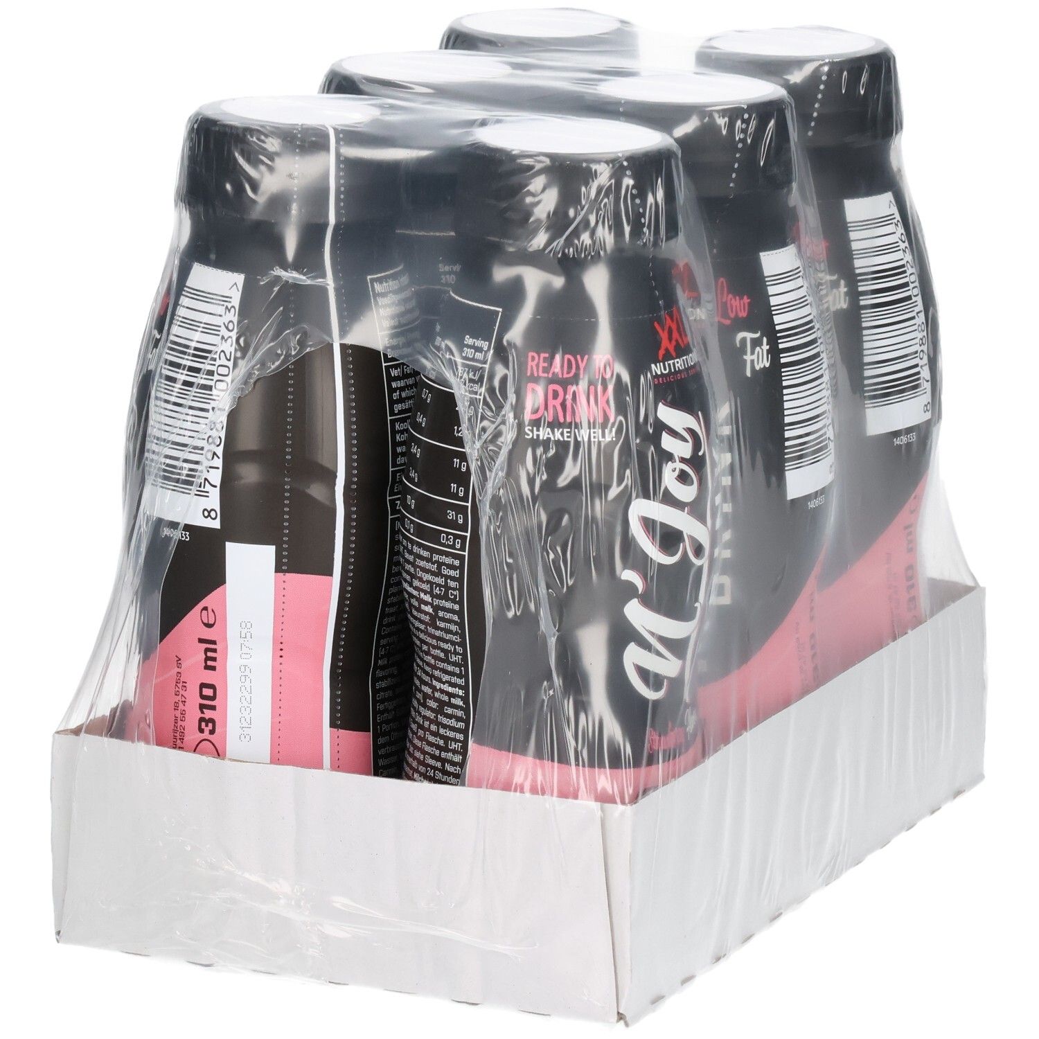 Quatre bouteilles de N'Joy Drink en carton. Bouteilles noires avec étiquette rose. Logo XXL Nutrition. Ready to Drink.