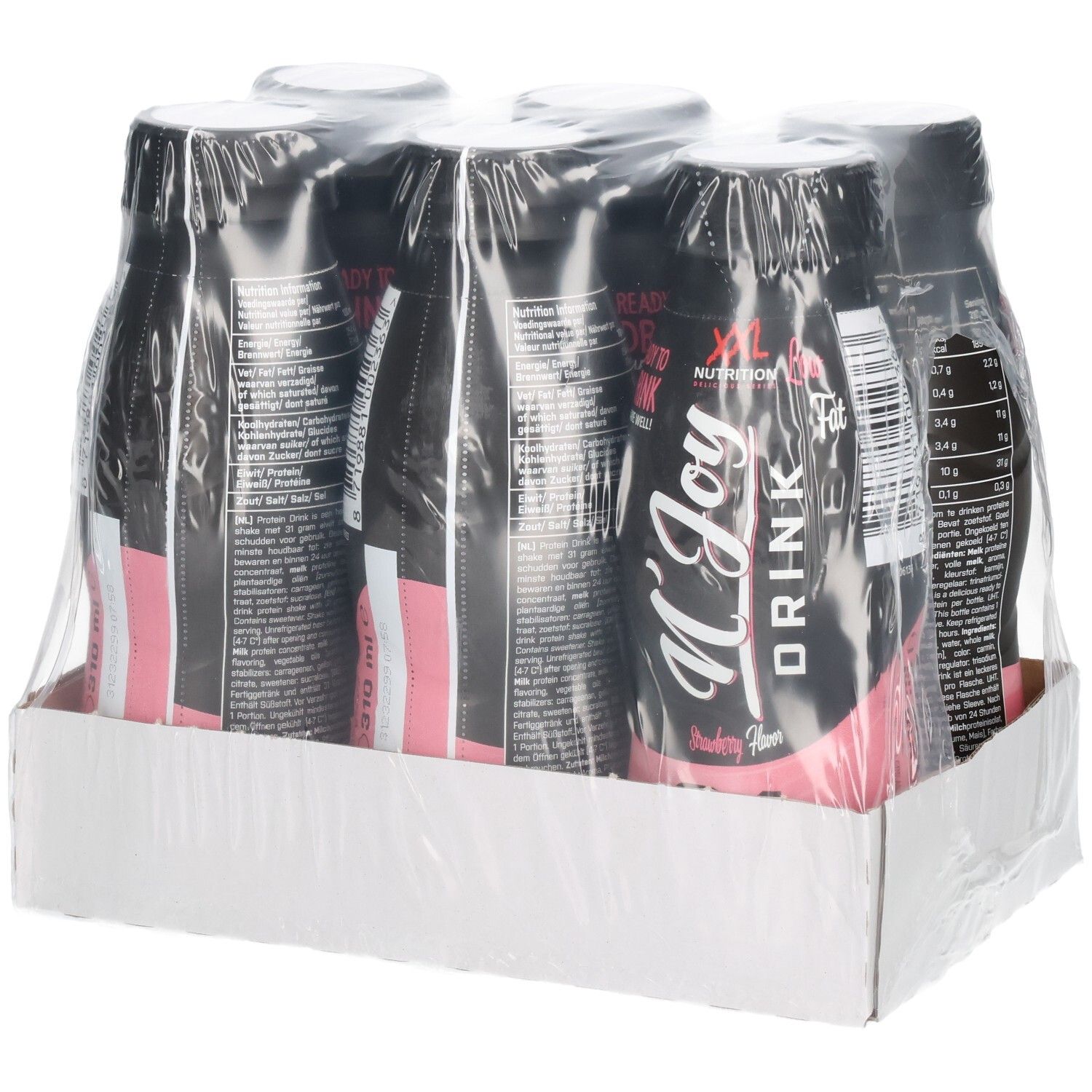 Six bouteilles de N'Joy Drink en carton. Bouteilles noires avec étiquette rose. Logo XXL Nutrition. Dos avec informations nutritionnelles.