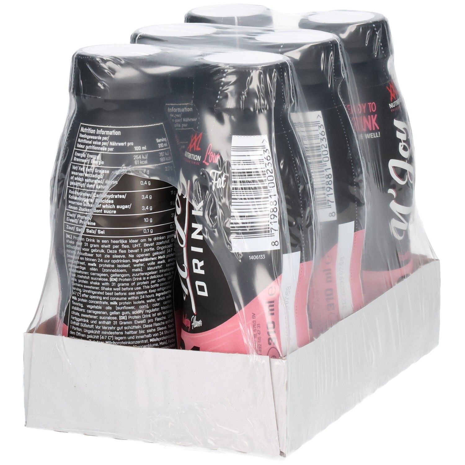 Quatre bouteilles de N'Joy Drink en carton. Bouteilles noires avec étiquette rose. Logo XXL Nutrition. Dos avec informations nutritionnelles.