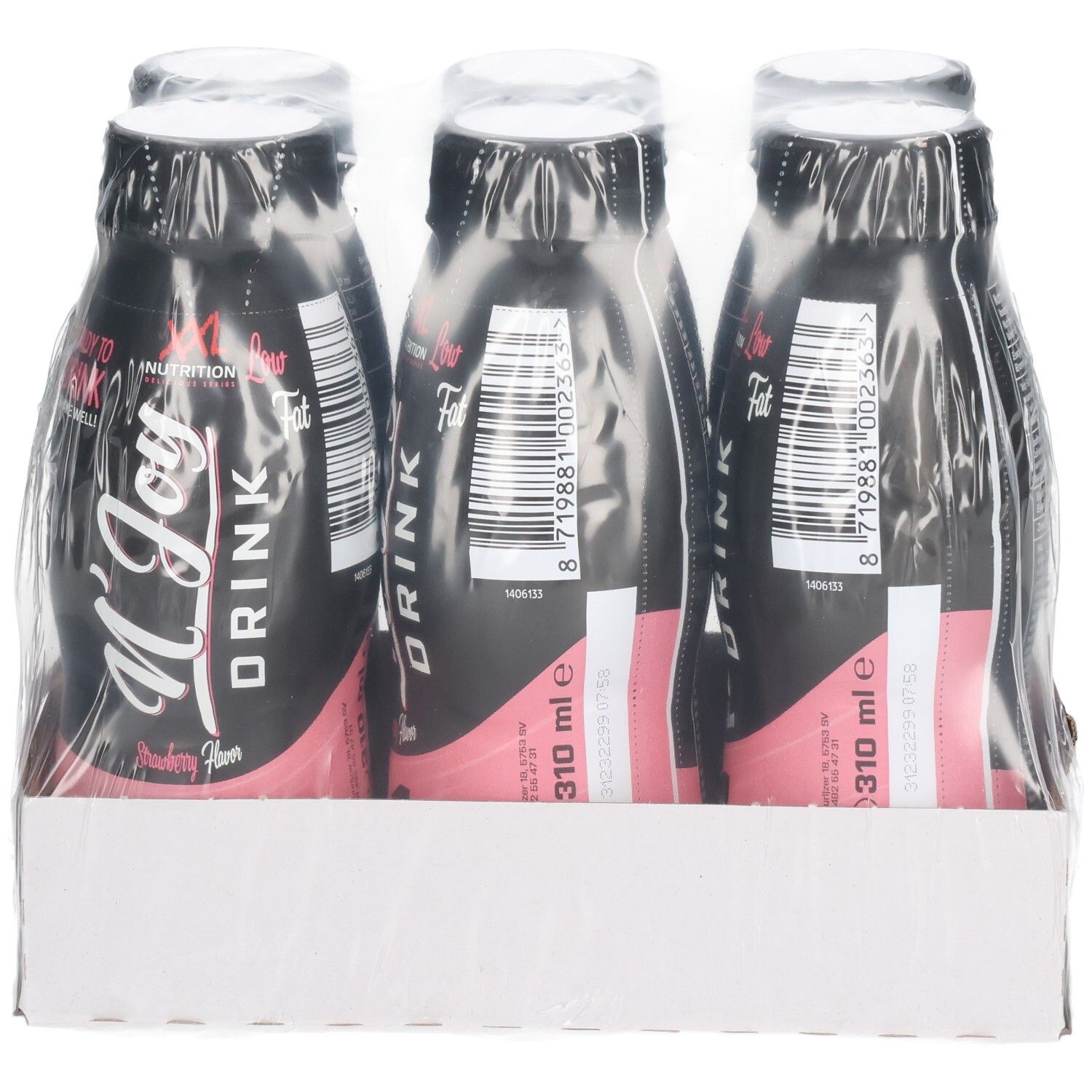 Six bouteilles de N'Joy Drink en carton. Bouteilles noires avec étiquette rose. Logo XXL Nutrition. Goût fraise.